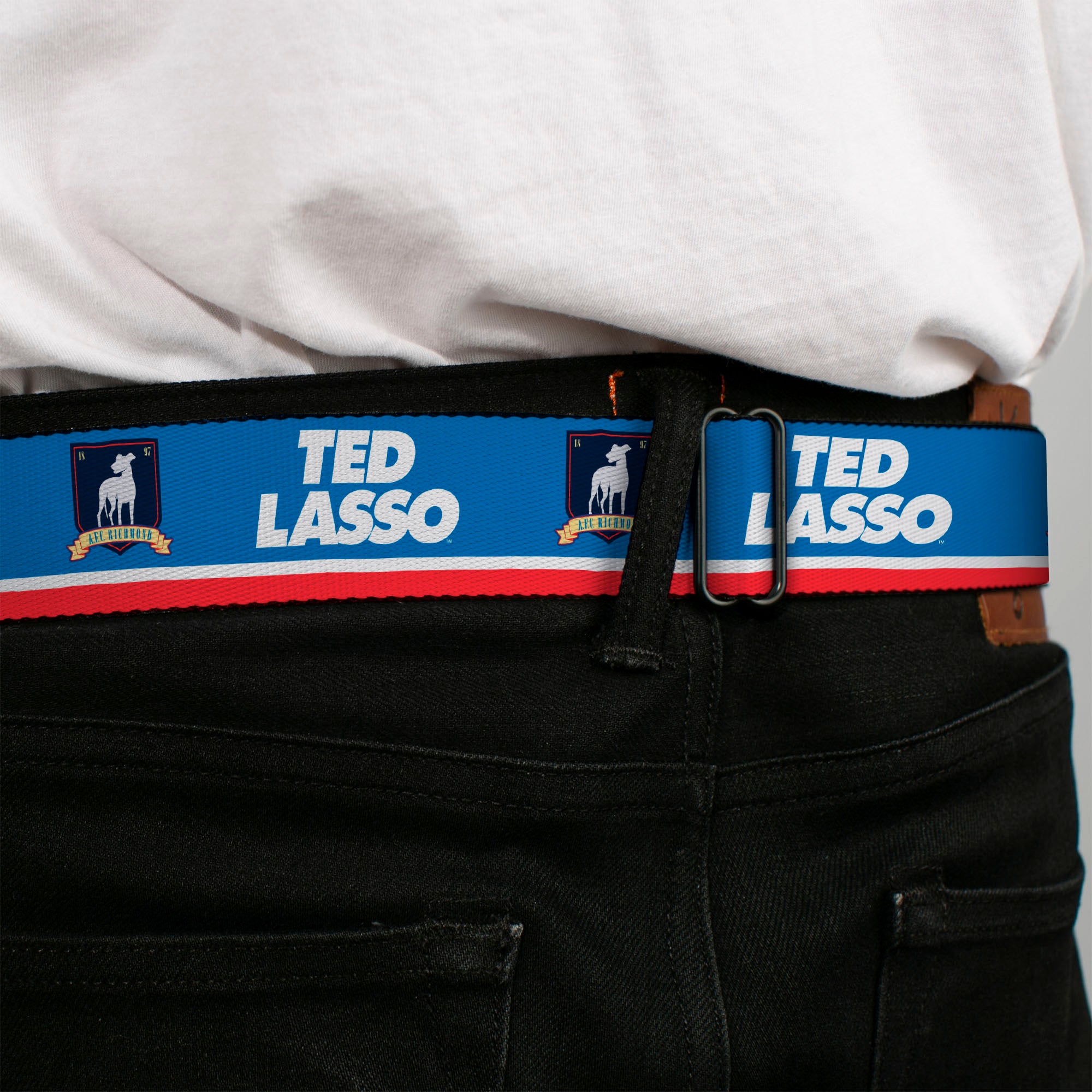 TED LASSO Title Logo Full Color Blue/White Seatbelt Belt - TED LASSO and AFC Richmond Logo Blues/White/Red Webbing Seatbelt Belts Ted Lasso