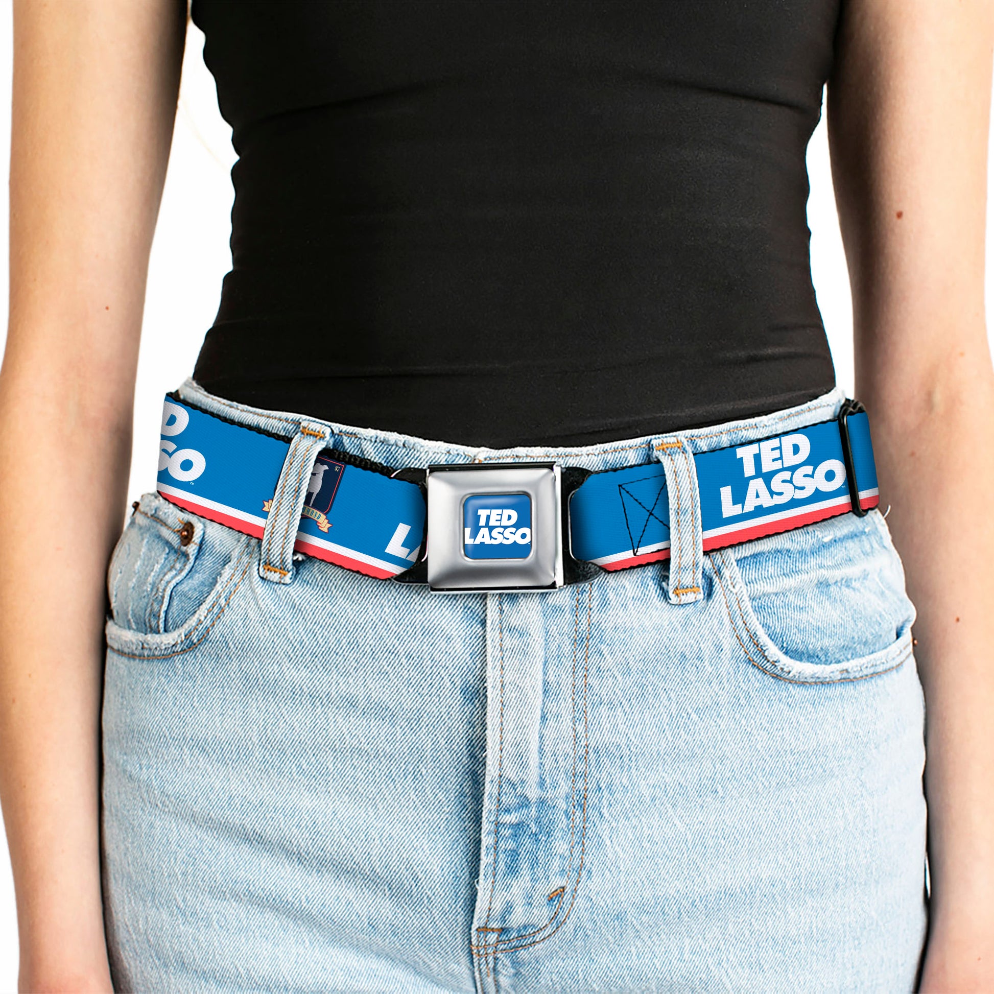 TED LASSO Title Logo Full Color Blue/White Seatbelt Belt - TED LASSO and AFC Richmond Logo Blues/White/Red Webbing Seatbelt Belts Ted Lasso