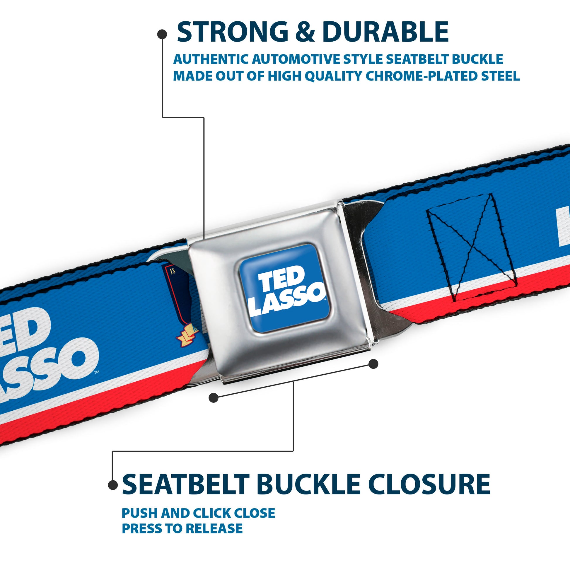 TED LASSO Title Logo Full Color Blue/White Seatbelt Belt - TED LASSO and AFC Richmond Logo Blues/White/Red Webbing Seatbelt Belts Ted Lasso