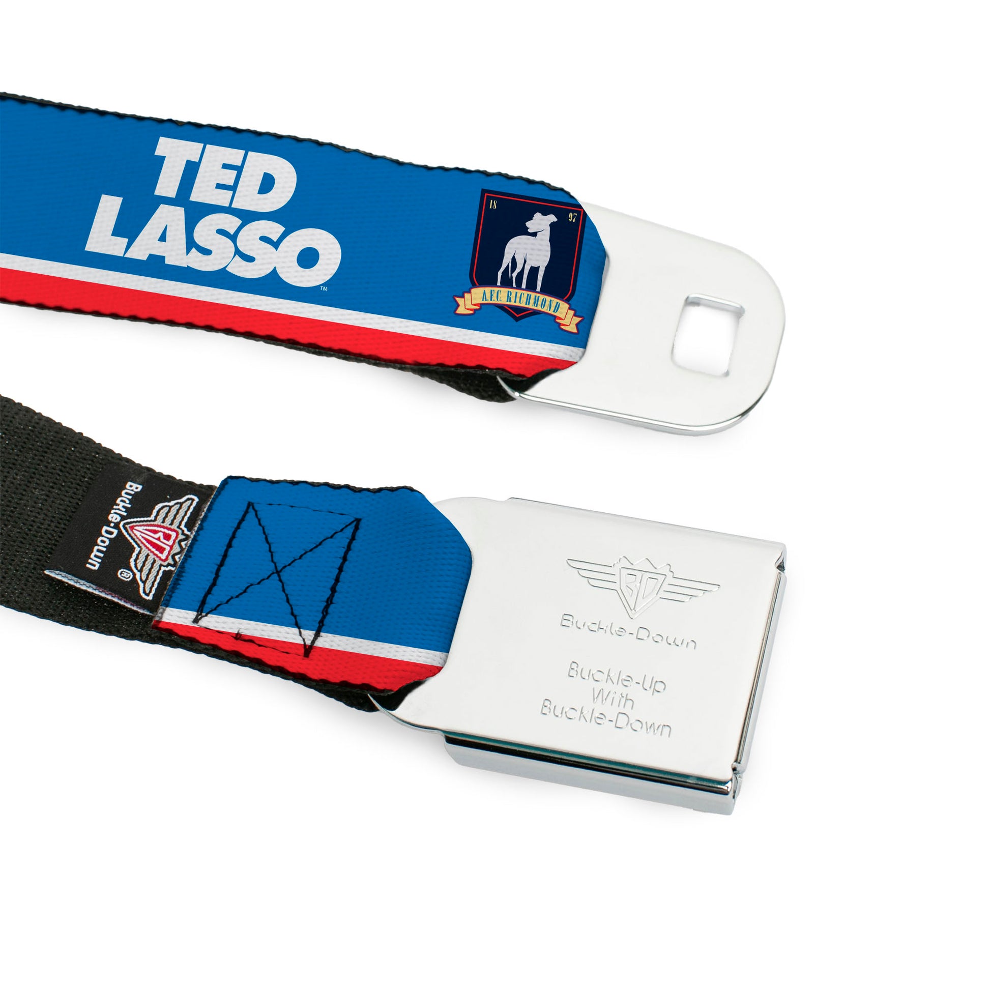 TED LASSO Title Logo Full Color Blue/White Seatbelt Belt - TED LASSO and AFC Richmond Logo Blues/White/Red Webbing Seatbelt Belts Ted Lasso