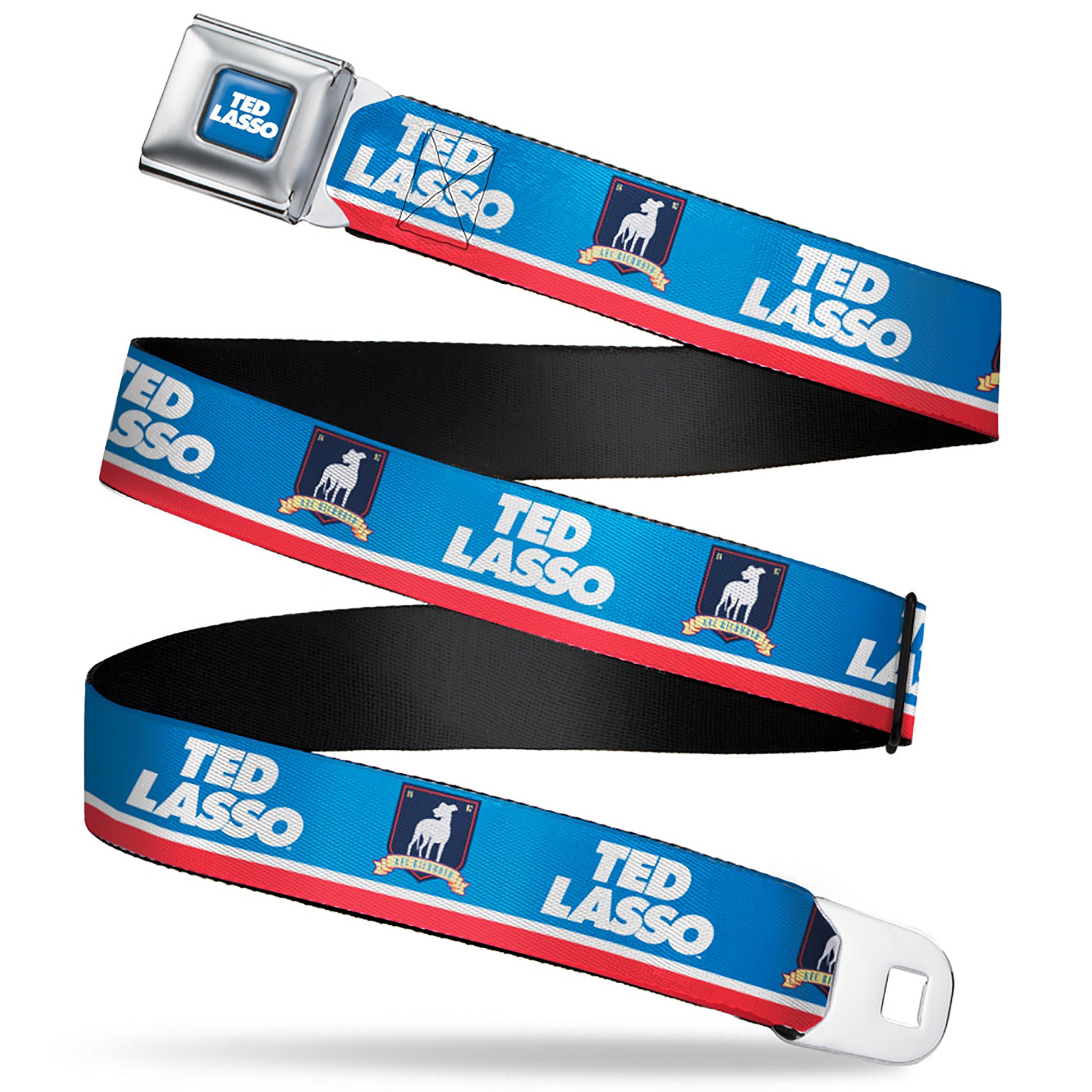 TED LASSO Title Logo Full Color Blue/White Seatbelt Belt - TED LASSO and AFC Richmond Logo Blues/White/Red Webbing Seatbelt Belts Ted Lasso