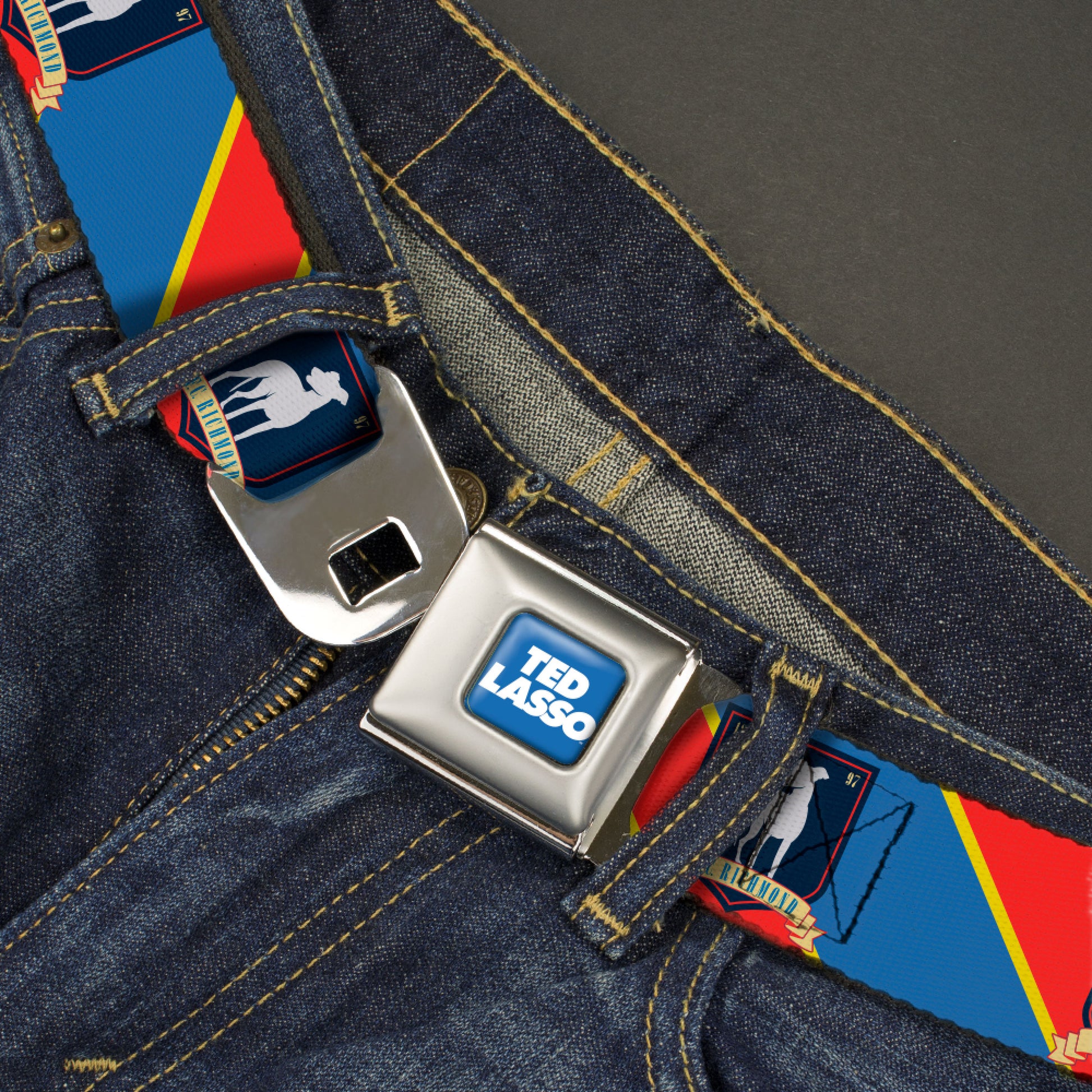 TED LASSO Title Logo Full Color Blue/White Seatbelt Belt - Ted Lasso AFC Richmond Logo Stripe Blue/Yellow/Red Webbing Seatbelt Belts Ted Lasso