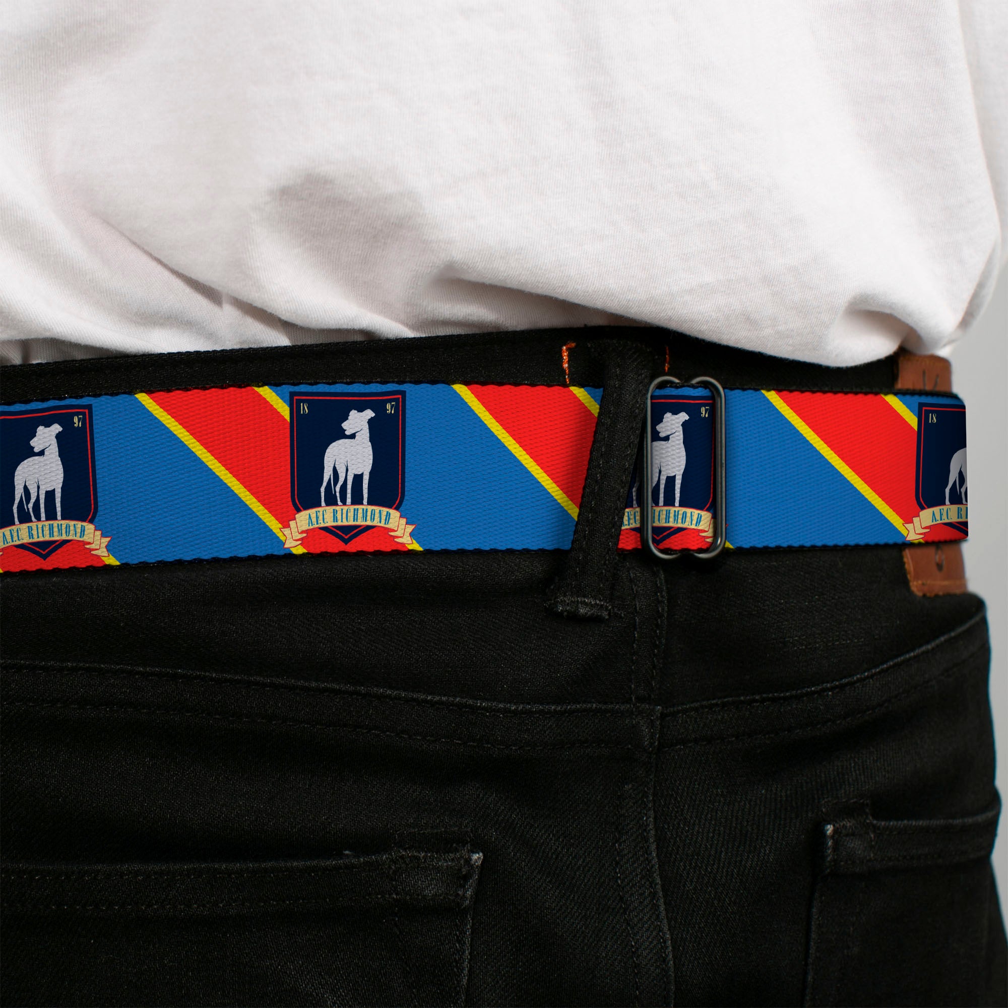 TED LASSO Title Logo Full Color Blue/White Seatbelt Belt - Ted Lasso AFC Richmond Logo Stripe Blue/Yellow/Red Webbing Seatbelt Belts Ted Lasso