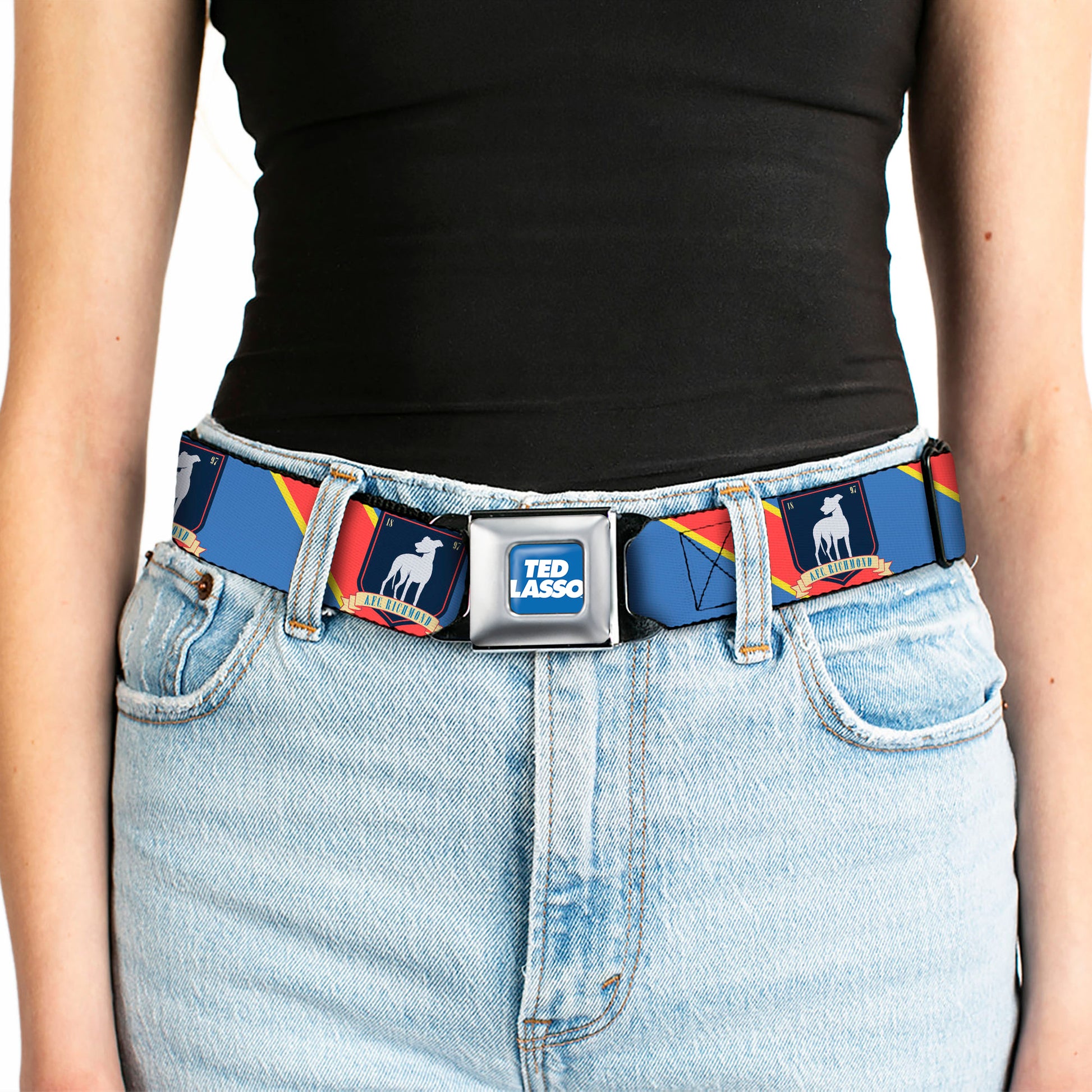 TED LASSO Title Logo Full Color Blue/White Seatbelt Belt - Ted Lasso AFC Richmond Logo Stripe Blue/Yellow/Red Webbing Seatbelt Belts Ted Lasso