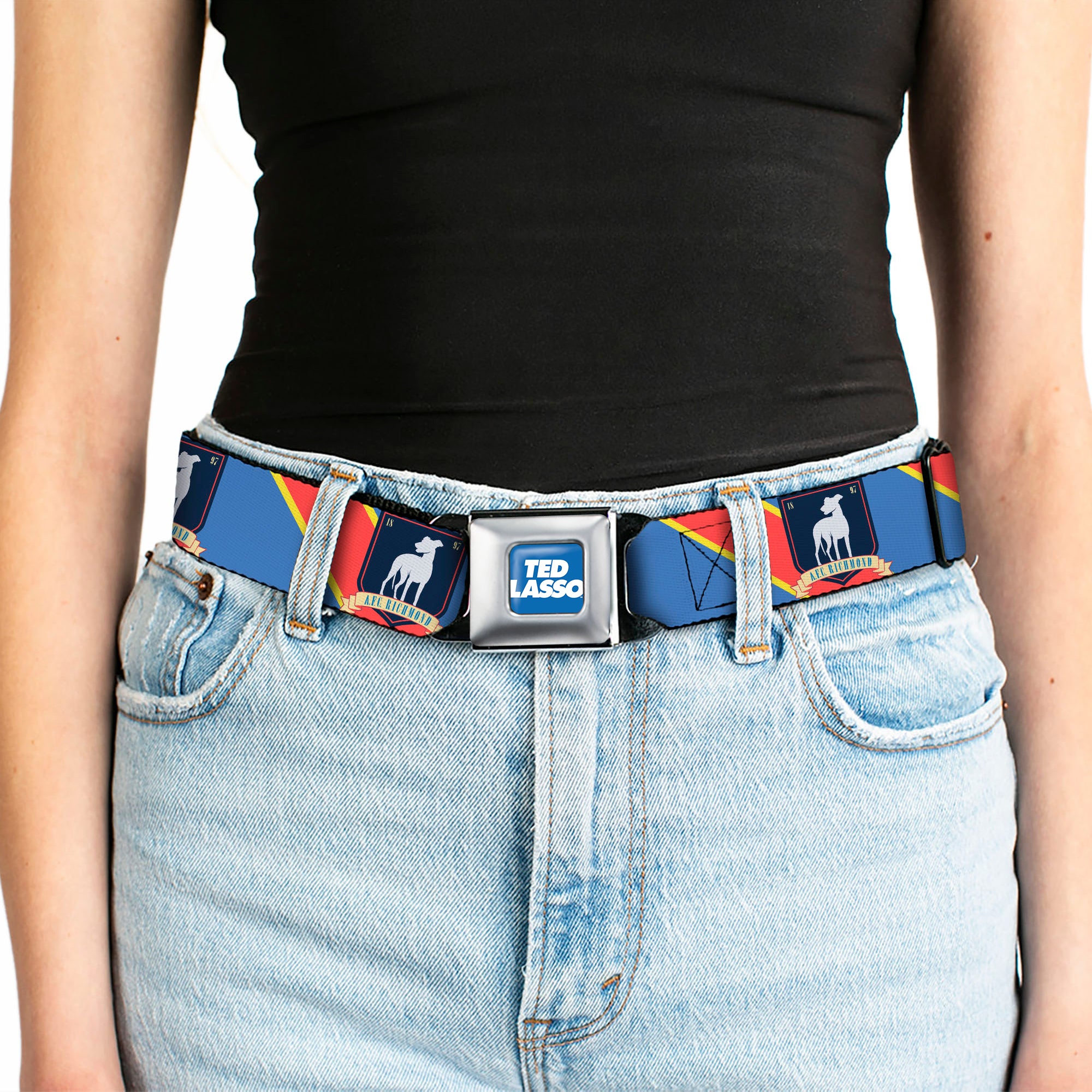 TED LASSO Title Logo Full Color Blue/White Seatbelt Belt - Ted Lasso AFC Richmond Logo Stripe Blue/Yellow/Red Webbing Seatbelt Belts Ted Lasso