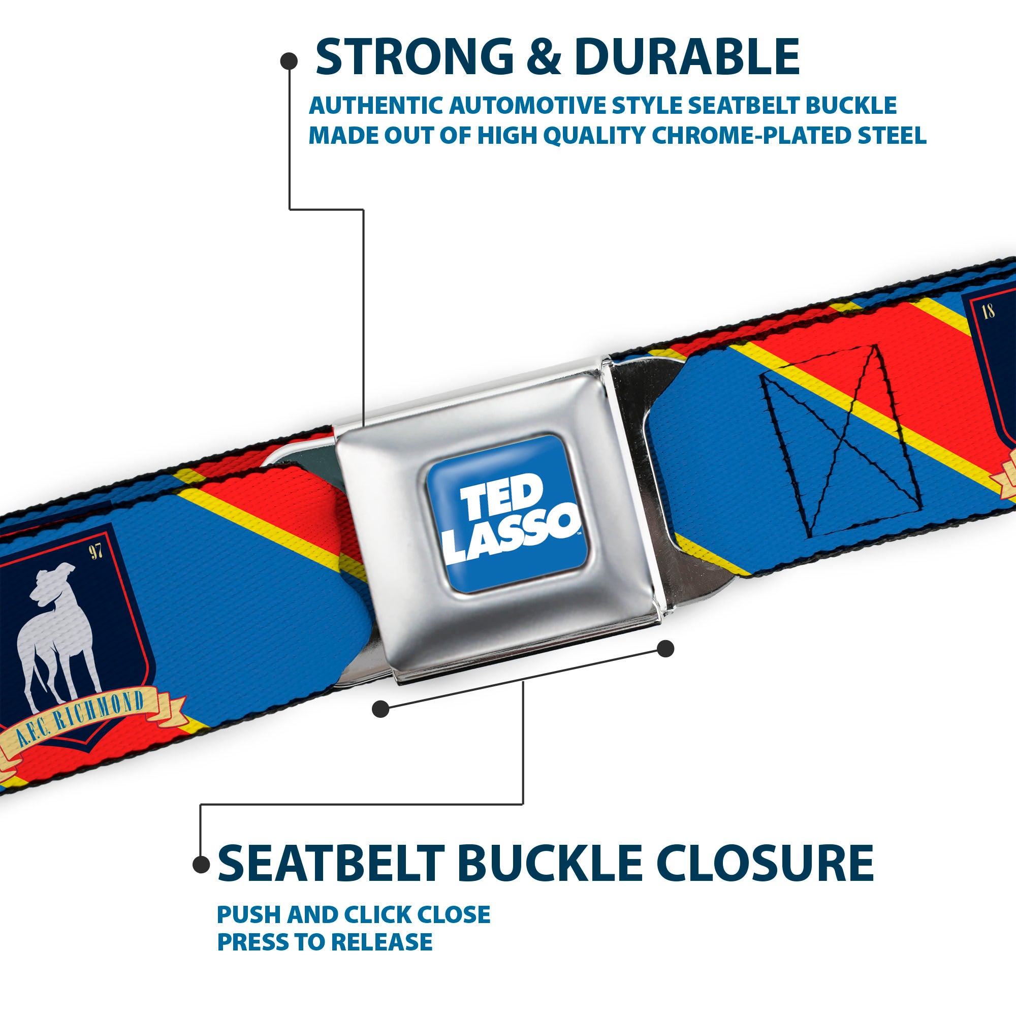TED LASSO Title Logo Full Color Blue/White Seatbelt Belt - Ted Lasso AFC Richmond Logo Stripe Blue/Yellow/Red Webbing Seatbelt Belts Ted Lasso