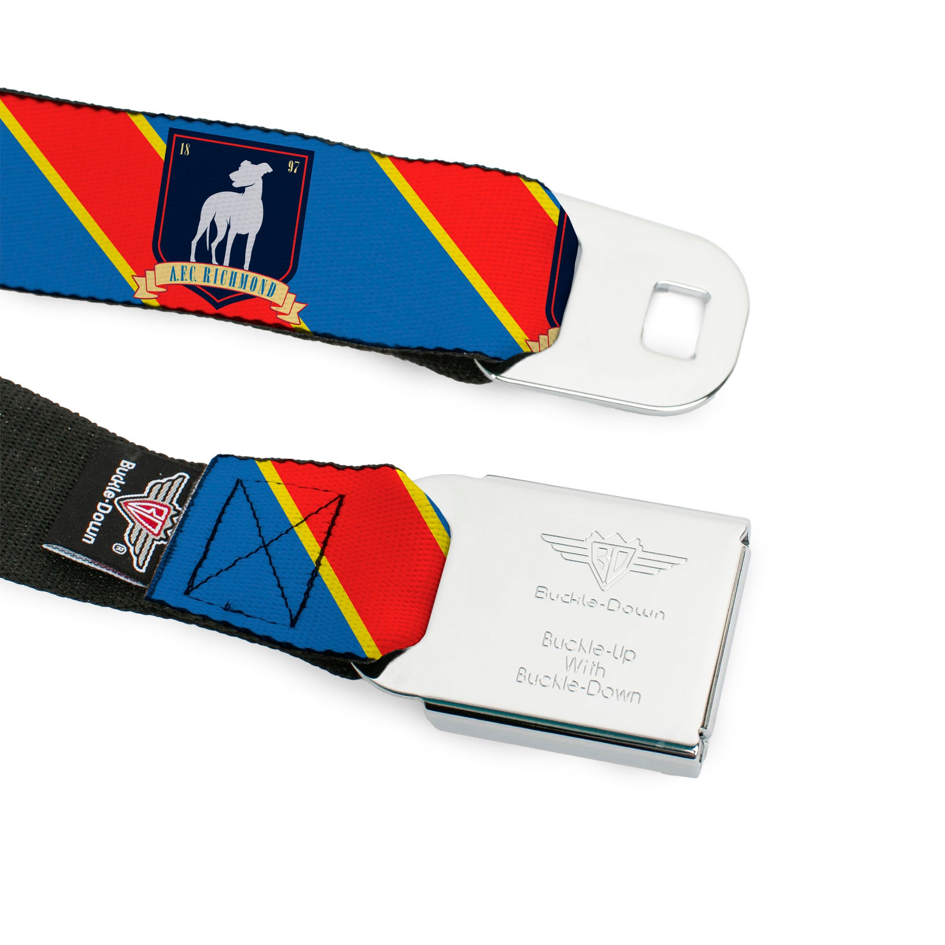 TED LASSO Title Logo Full Color Blue/White Seatbelt Belt - Ted Lasso AFC Richmond Logo Stripe Blue/Yellow/Red Webbing Seatbelt Belts Ted Lasso