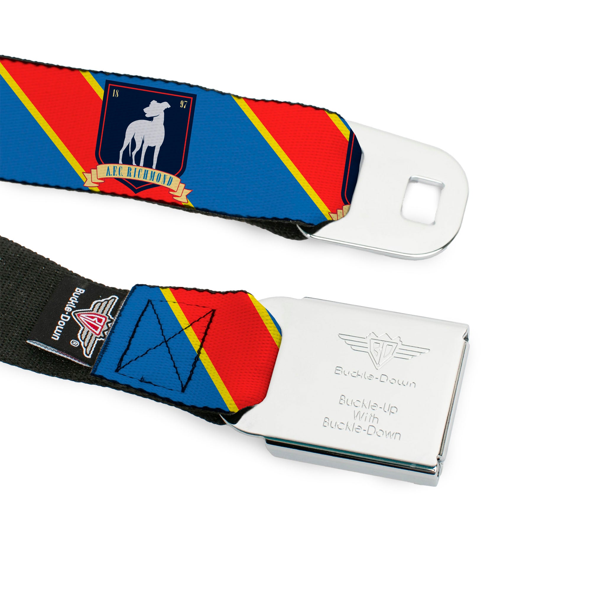 TED LASSO Title Logo Full Color Blue/White Seatbelt Belt - Ted Lasso AFC Richmond Logo Stripe Blue/Yellow/Red Webbing Seatbelt Belts Ted Lasso