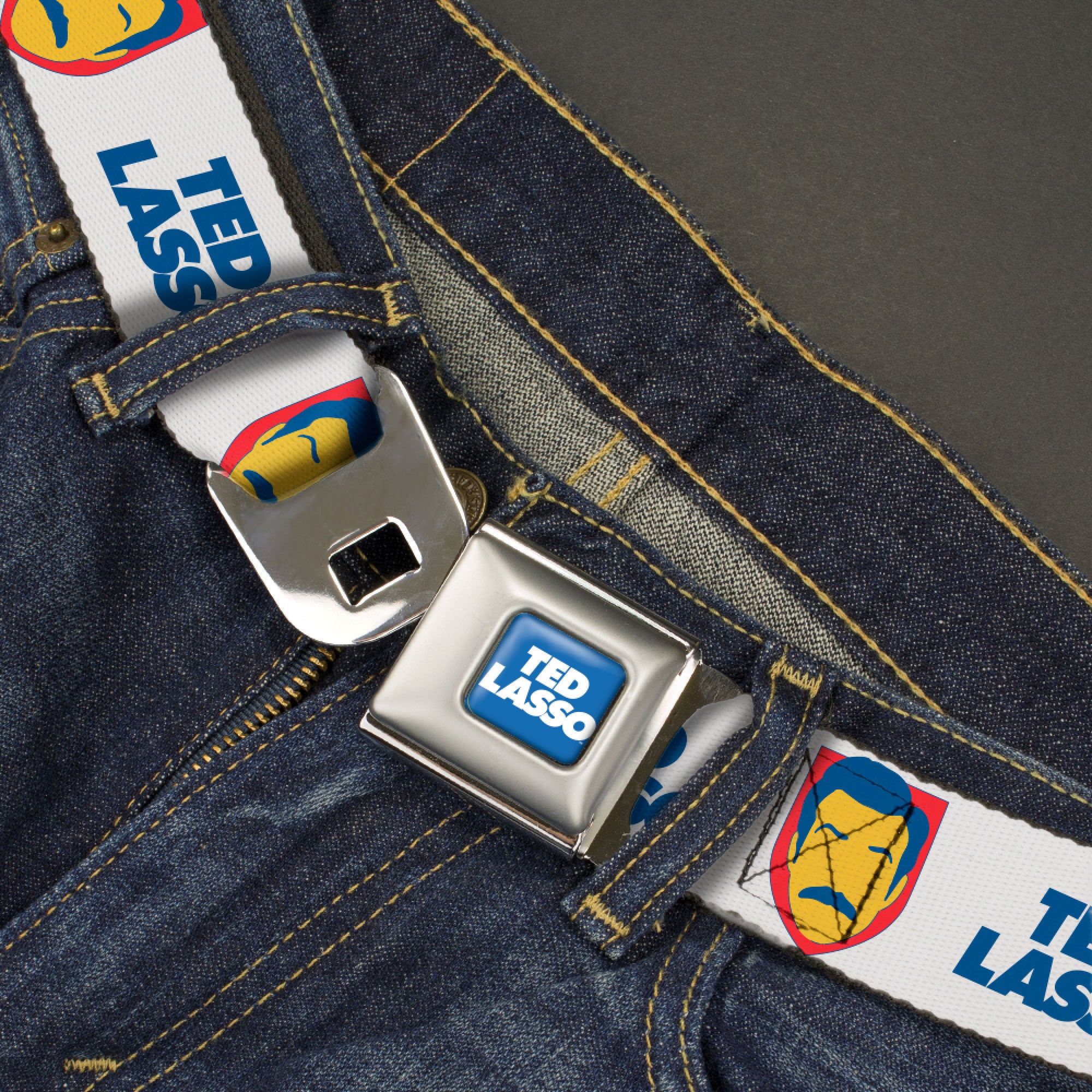 TED LASSO Title Logo Full Color Blue/White Seatbelt Belt - TED LASSO Icon and Text White/Blue/Red/Yellow Webbing Seatbelt Belts Ted Lasso