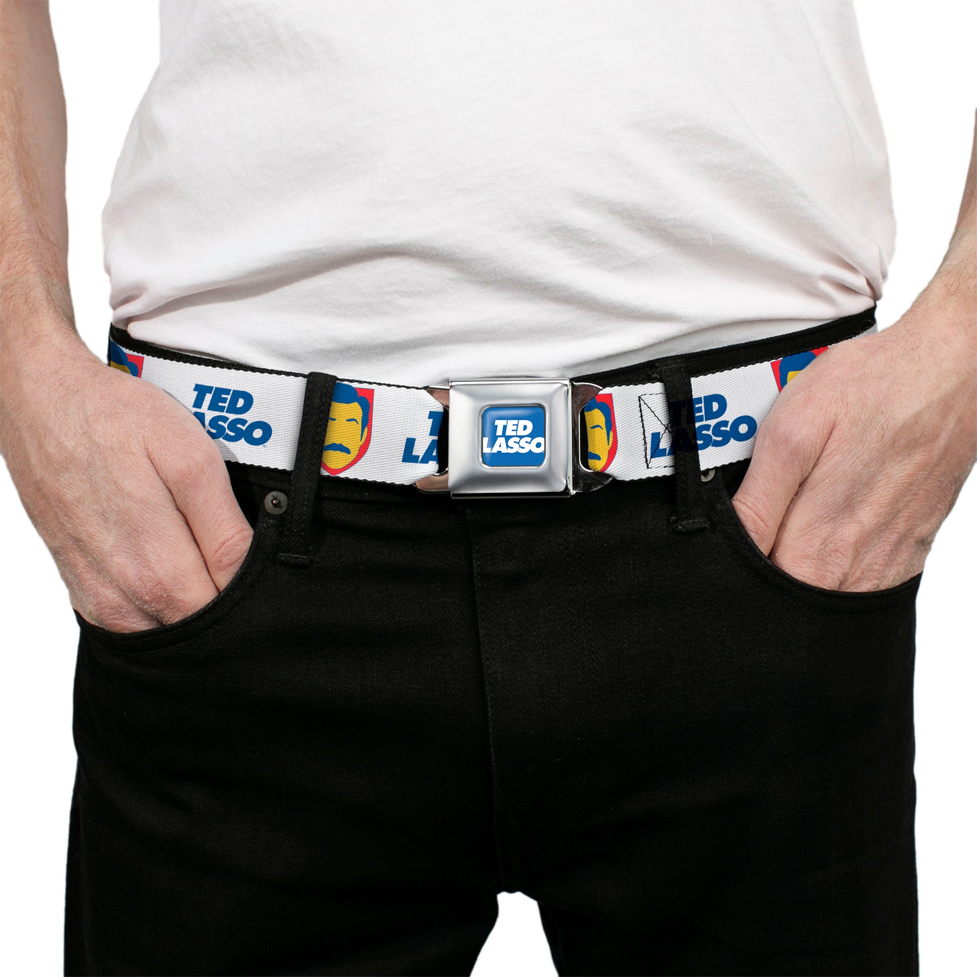 TED LASSO Title Logo Full Color Blue/White Seatbelt Belt - TED LASSO Icon and Text White/Blue/Red/Yellow Webbing Seatbelt Belts Ted Lasso