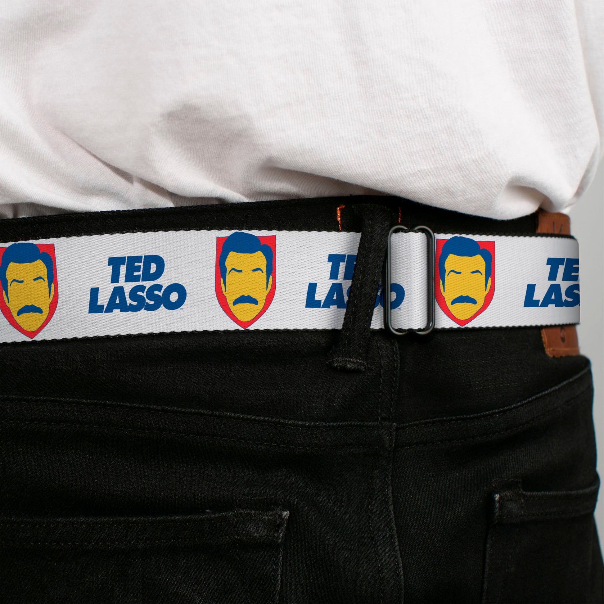 TED LASSO Title Logo Full Color Blue/White Seatbelt Belt - TED LASSO Icon and Text White/Blue/Red/Yellow Webbing Seatbelt Belts Ted Lasso