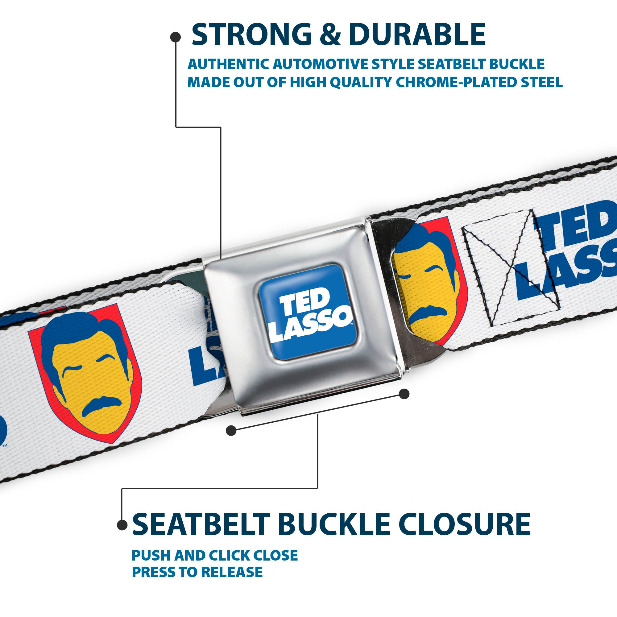 TED LASSO Title Logo Full Color Blue/White Seatbelt Belt - TED LASSO Icon and Text White/Blue/Red/Yellow Webbing Seatbelt Belts Ted Lasso
