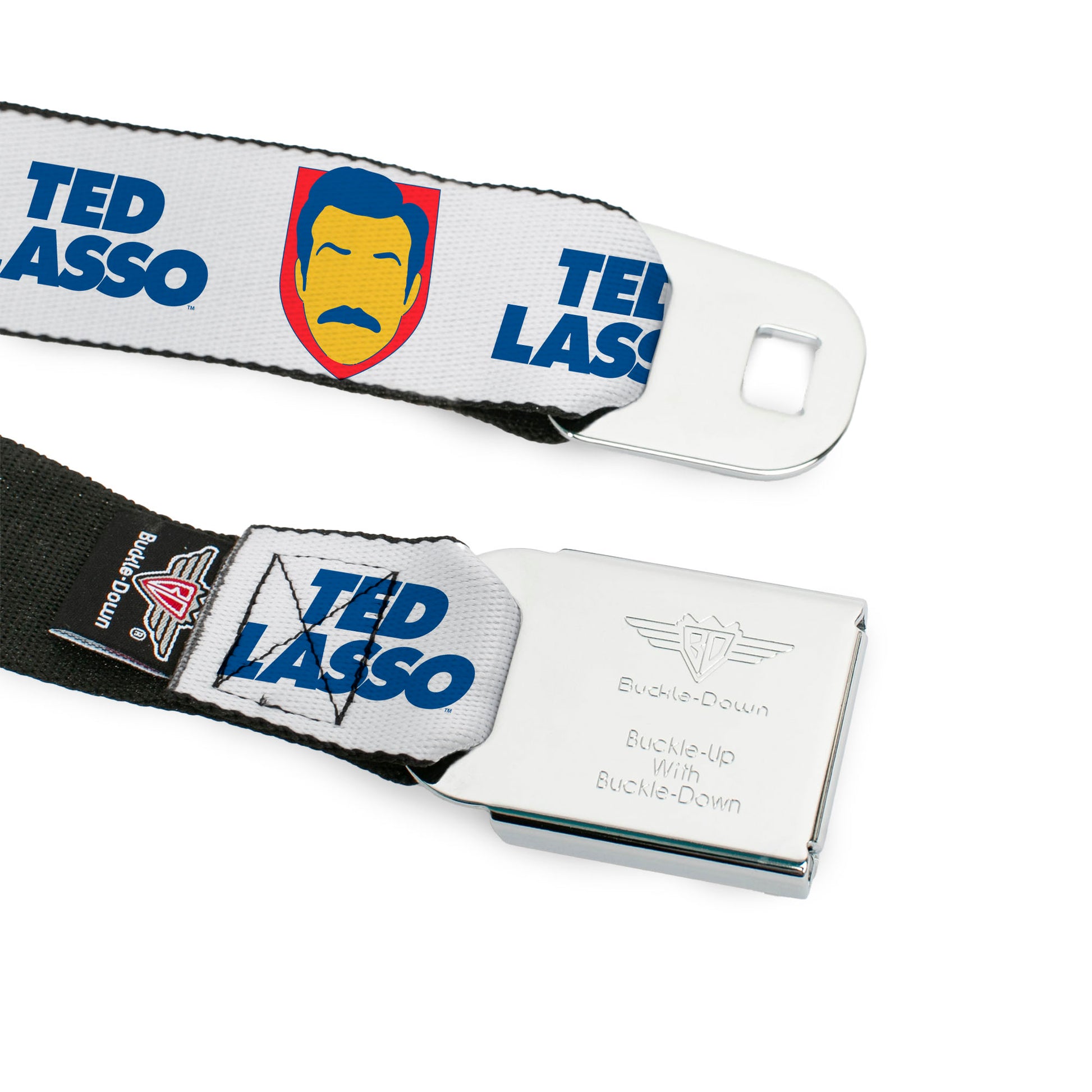 TED LASSO Title Logo Full Color Blue/White Seatbelt Belt - TED LASSO Icon and Text White/Blue/Red/Yellow Webbing Seatbelt Belts Ted Lasso