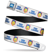 TED LASSO Title Logo Full Color Blue/White Seatbelt Belt - TED LASSO Icon and Text White/Blue/Red/Yellow Webbing Seatbelt Belts Ted Lasso