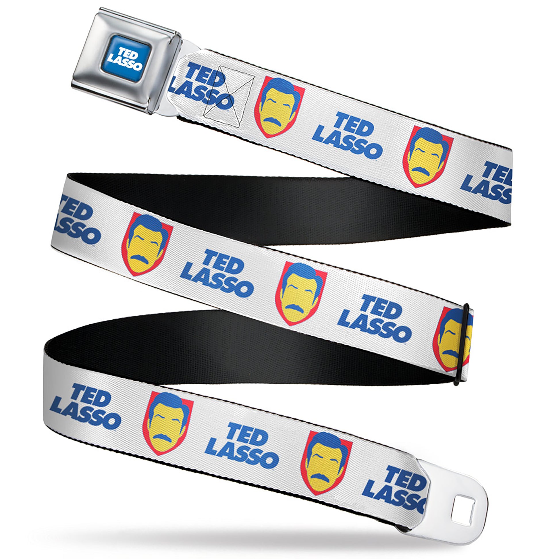 TED LASSO Title Logo Full Color Blue/White Seatbelt Belt - TED LASSO Icon and Text White/Blue/Red/Yellow Webbing Seatbelt Belts Ted Lasso