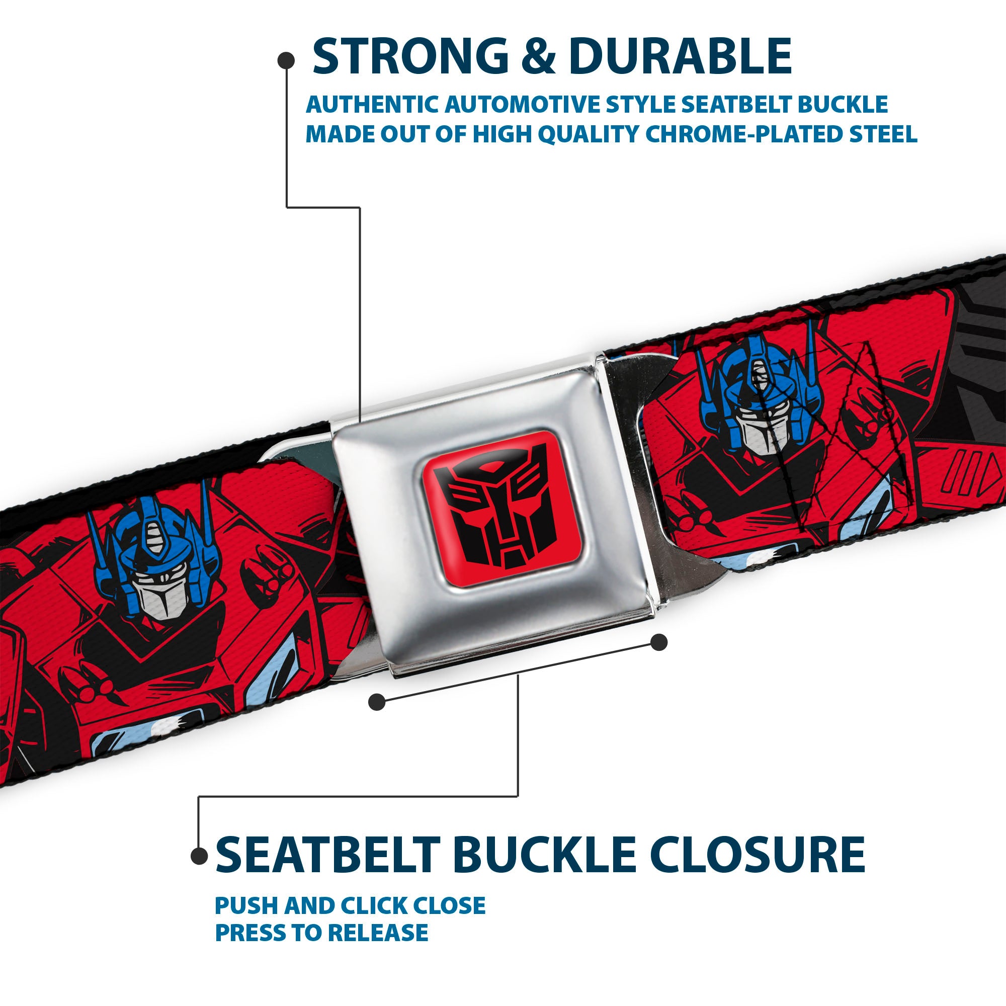 Transformers Autobots Icon Full Color Red/Black Seatbelt Belt - Transformers Generations Optimus Prime Pose and Autobot Icon Black/Gray/Red Webbing Seatbelt Belts Hasbro