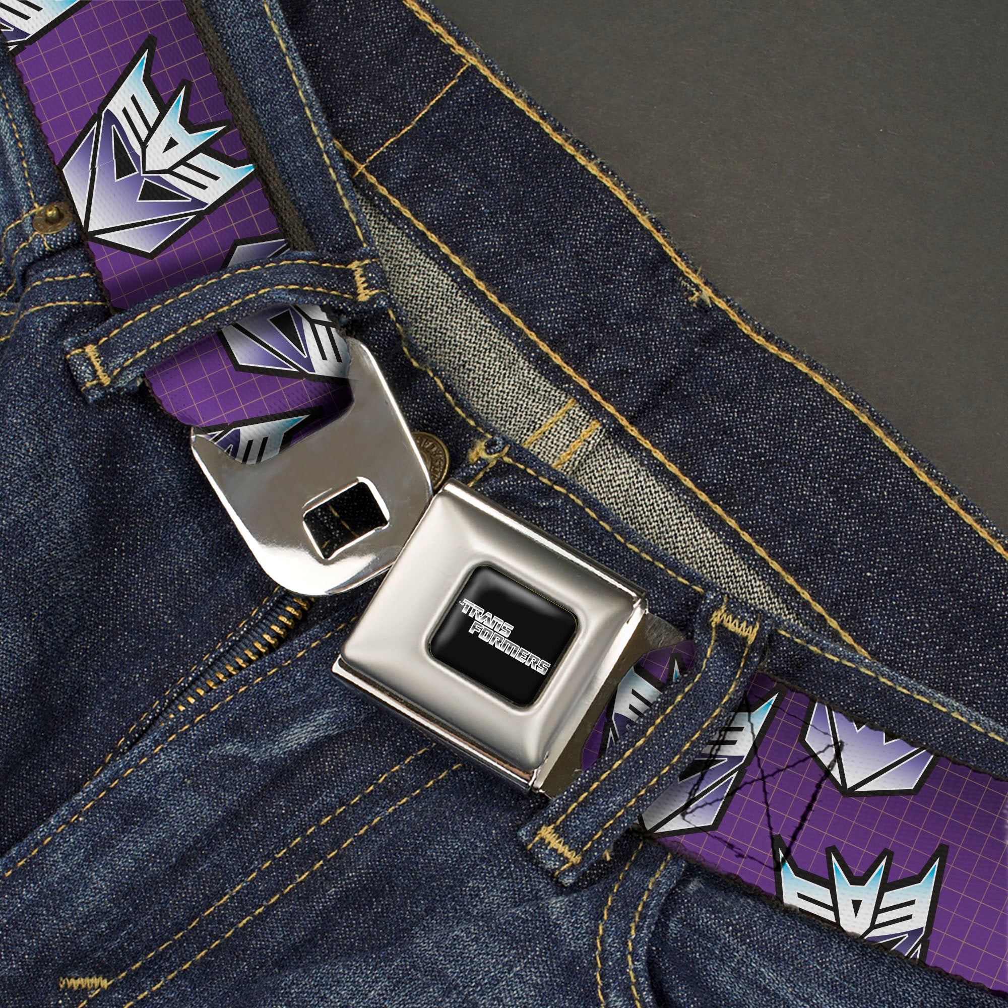 TRANSFORMERS Title Logo Full Color Black/White Seatbelt Belt - Transformers Decepticons Icon Scattered Grids Purples Webbing Seatbelt Belts Hasbro