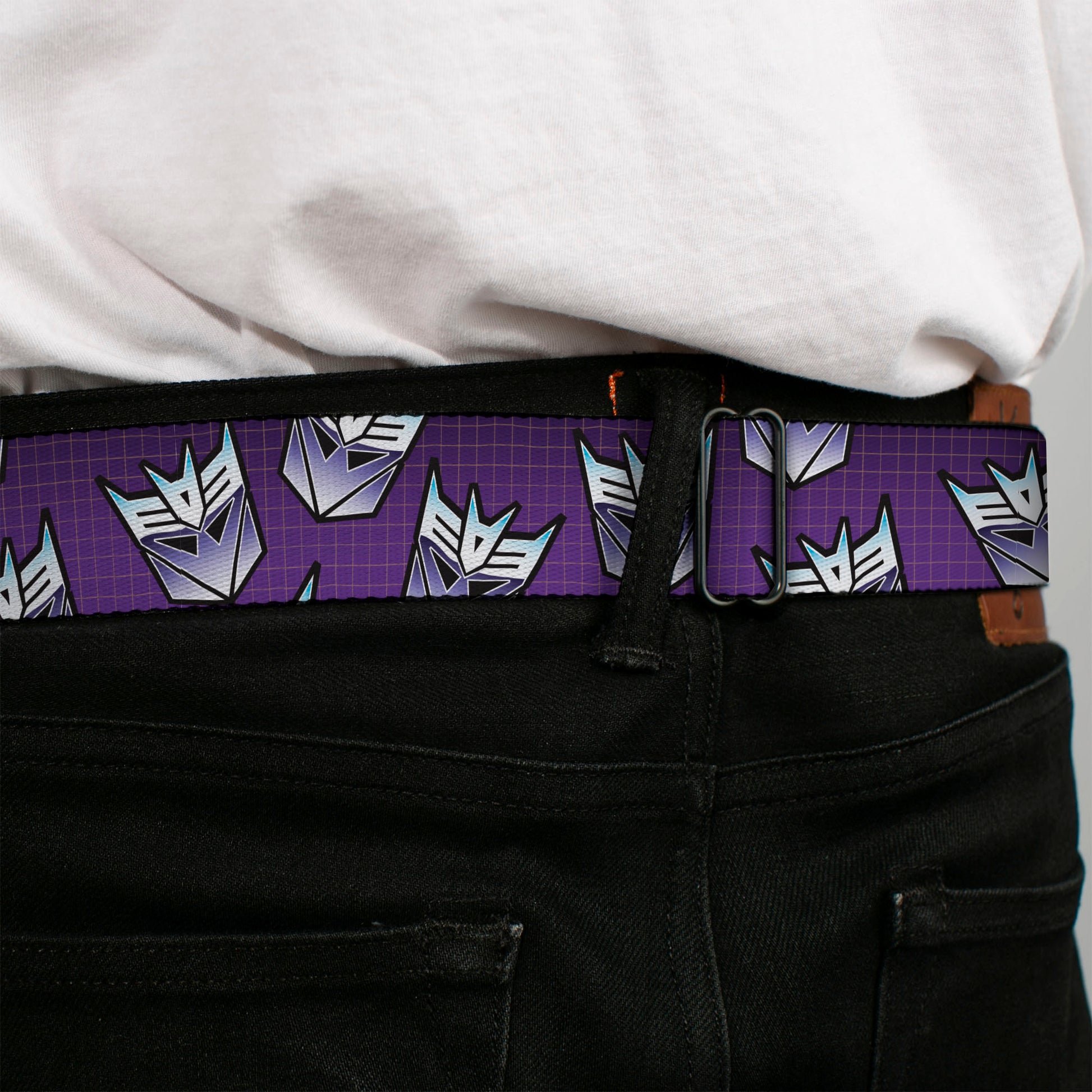 TRANSFORMERS Title Logo Full Color Black/White Seatbelt Belt - Transformers Decepticons Icon Scattered Grids Purples Webbing Seatbelt Belts Hasbro