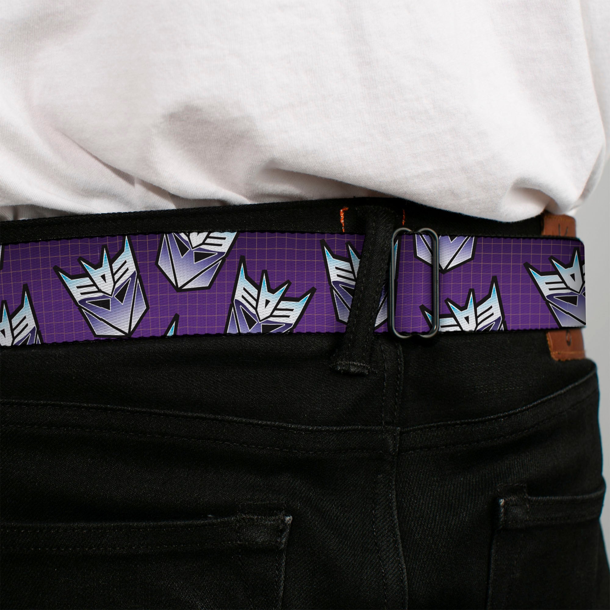 TRANSFORMERS Title Logo Full Color Black/White Seatbelt Belt - Transformers Decepticons Icon Scattered Grids Purples Webbing Seatbelt Belts Hasbro