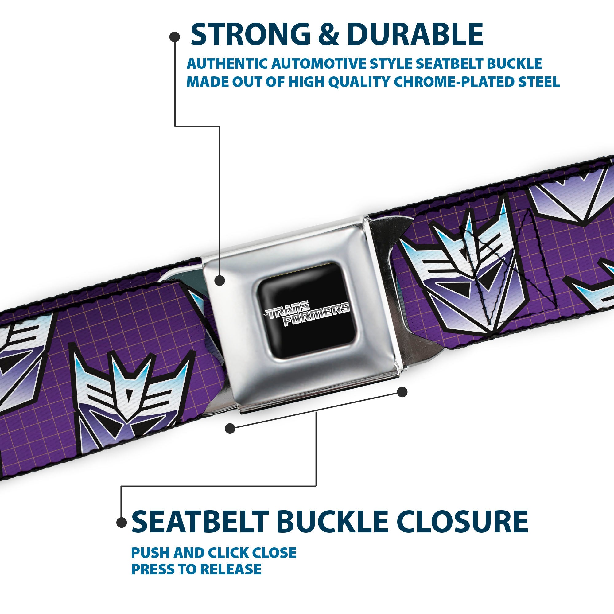 TRANSFORMERS Title Logo Full Color Black/White Seatbelt Belt - Transformers Decepticons Icon Scattered Grids Purples Webbing Seatbelt Belts Hasbro