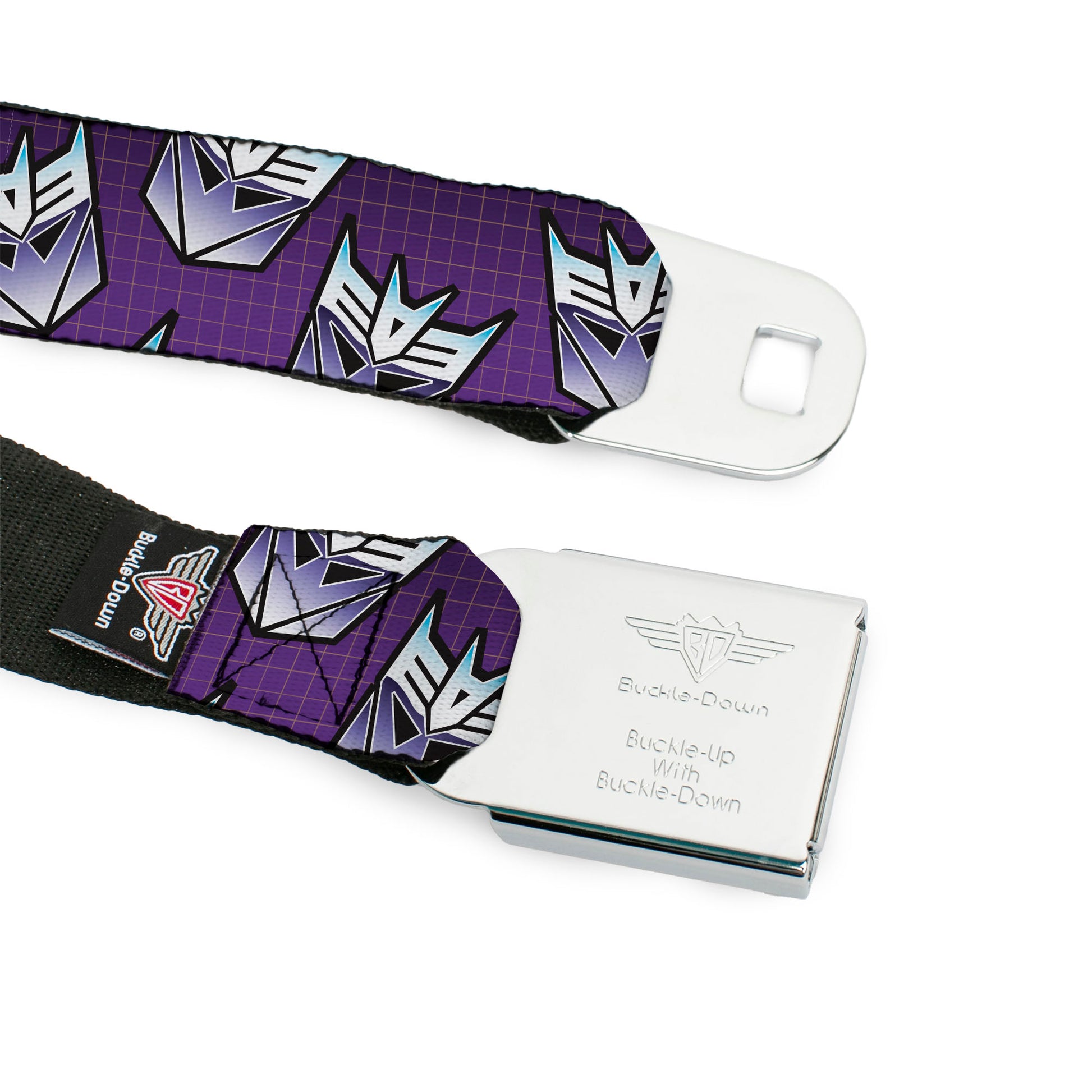 TRANSFORMERS Title Logo Full Color Black/White Seatbelt Belt - Transformers Decepticons Icon Scattered Grids Purples Webbing Seatbelt Belts Hasbro