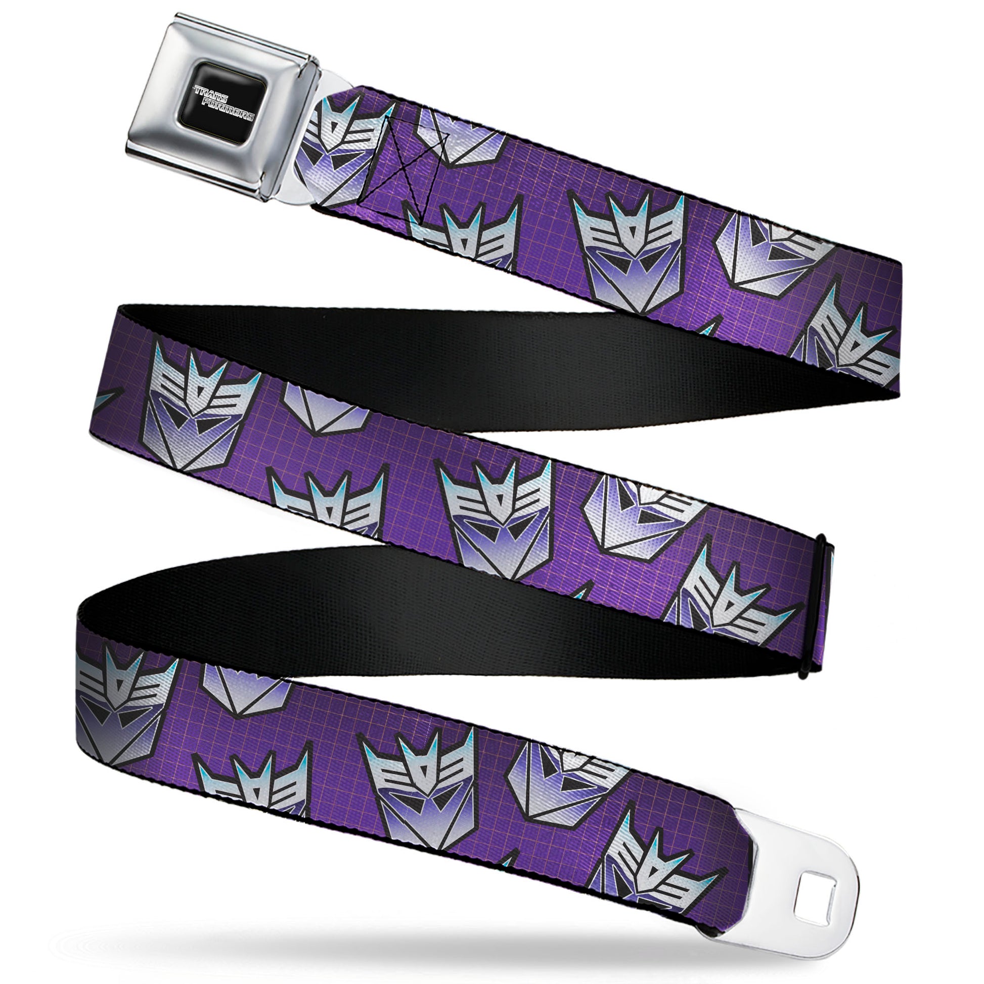 TRANSFORMERS Title Logo Full Color Black/White Seatbelt Belt - Transformers Decepticons Icon Scattered Grids Purples Webbing Seatbelt Belts Hasbro