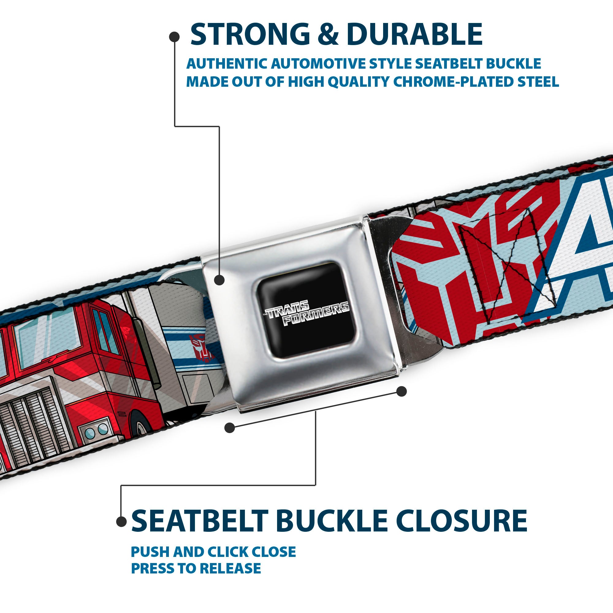 TRANSFORMERS Title Logo Full Color Black/White Seatbelt Belt - Transformers AUTOBOTS Optimus Prime Semi Truck Collage Light Blue Webbing Seatbelt Belts Hasbro