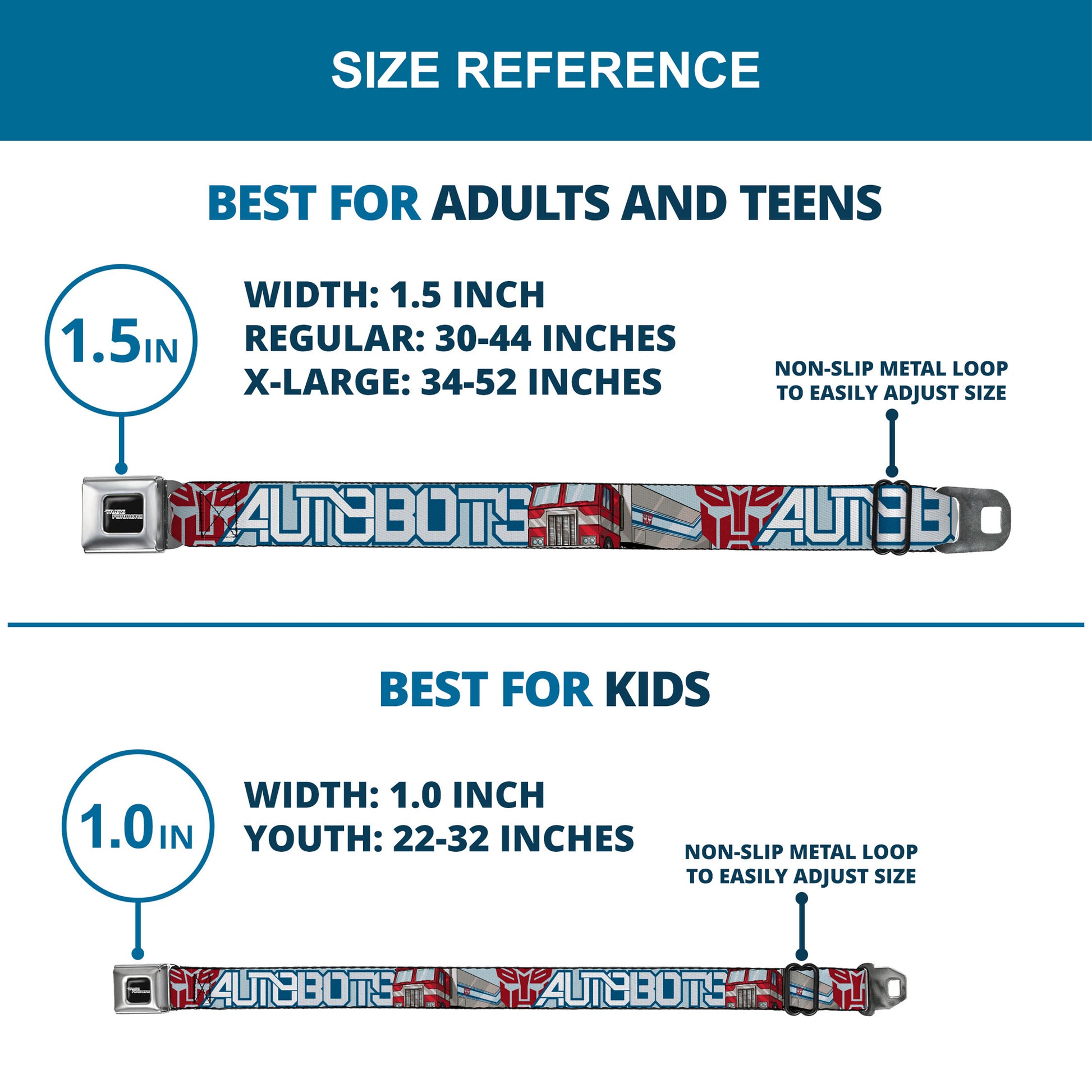 TRANSFORMERS Title Logo Full Color Black/White Seatbelt Belt - Transformers AUTOBOTS Optimus Prime Semi Truck Collage Light Blue Webbing Seatbelt Belts Hasbro