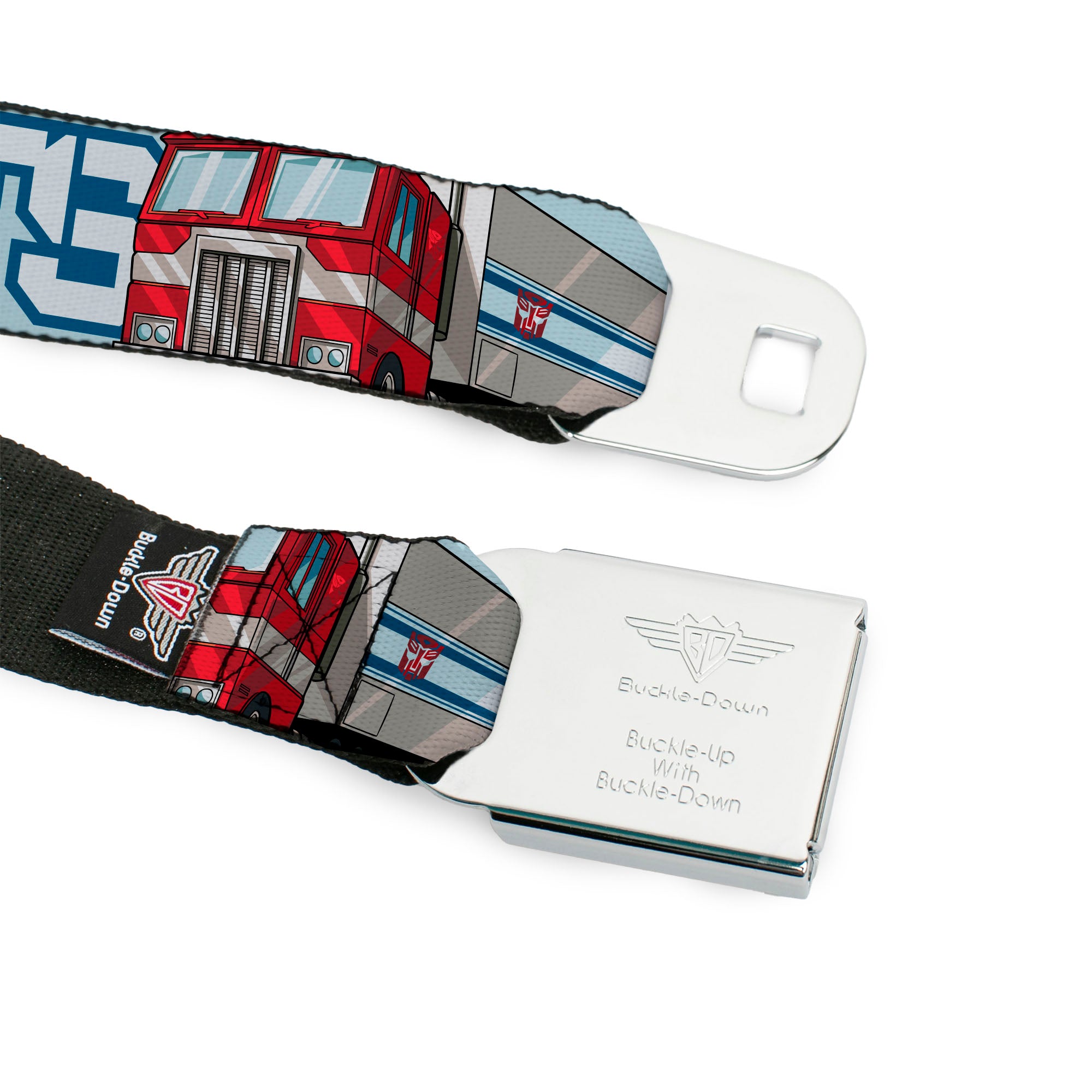 TRANSFORMERS Title Logo Full Color Black/White Seatbelt Belt - Transformers AUTOBOTS Optimus Prime Semi Truck Collage Light Blue Webbing Seatbelt Belts Hasbro