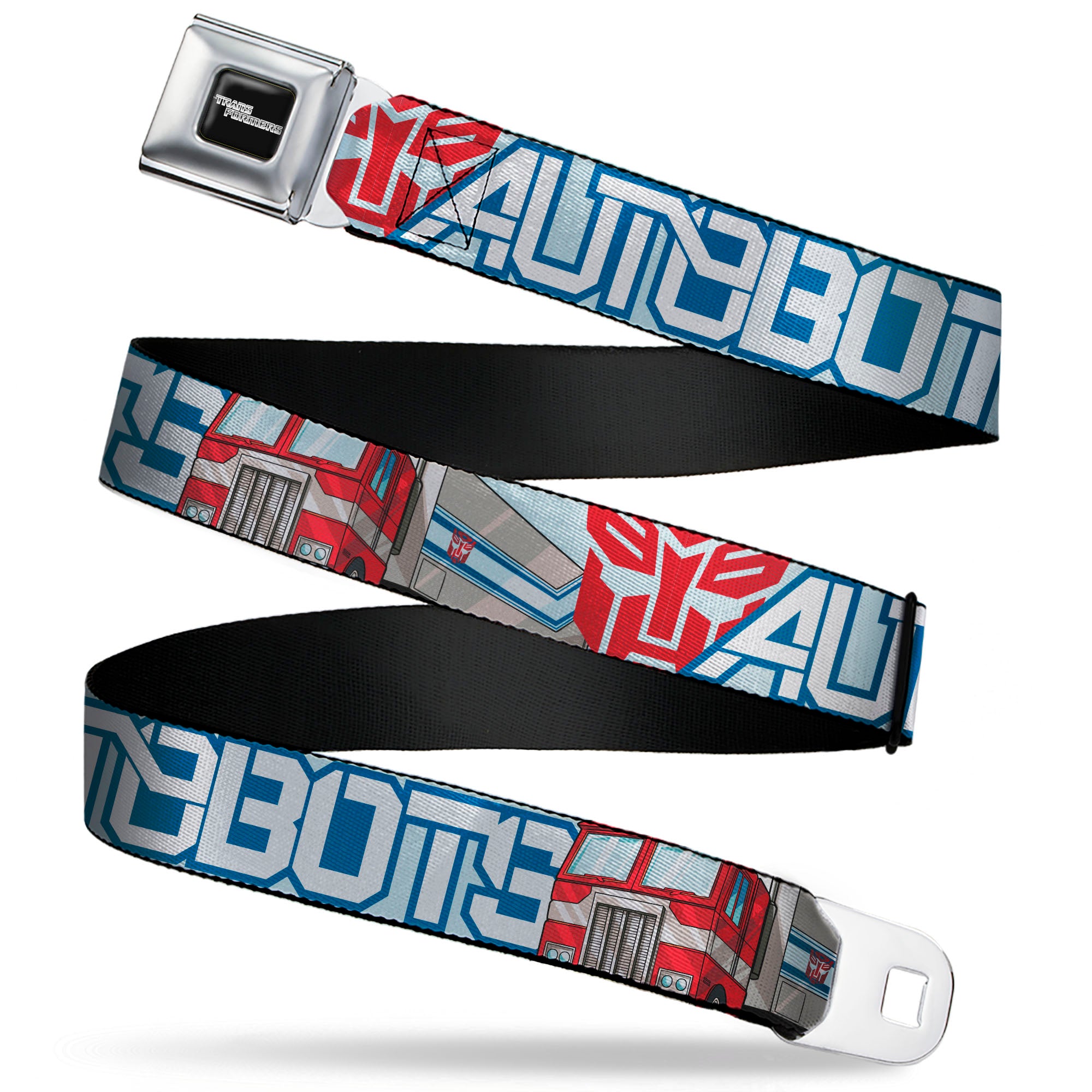 TRANSFORMERS Title Logo Full Color Black/White Seatbelt Belt - Transformers AUTOBOTS Optimus Prime Semi Truck Collage Light Blue Webbing Seatbelt Belts Hasbro