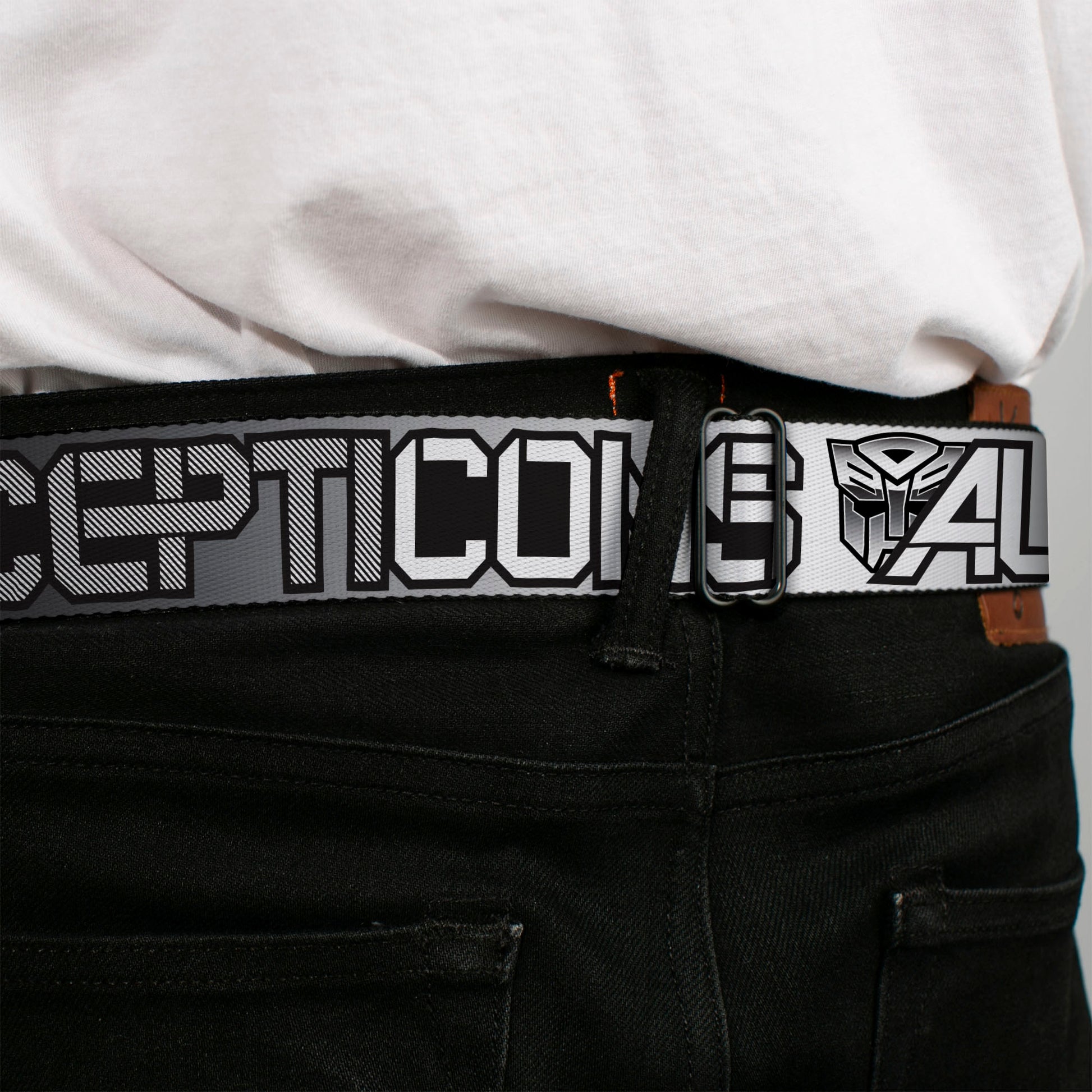 TRANSFORMERS Title Logo Full Color Black/White Seatbelt Belt - Transformers AUTOBOTS DECEPTICONS Shield and Text Grays/Black/White Webbing Seatbelt Belts Hasbro