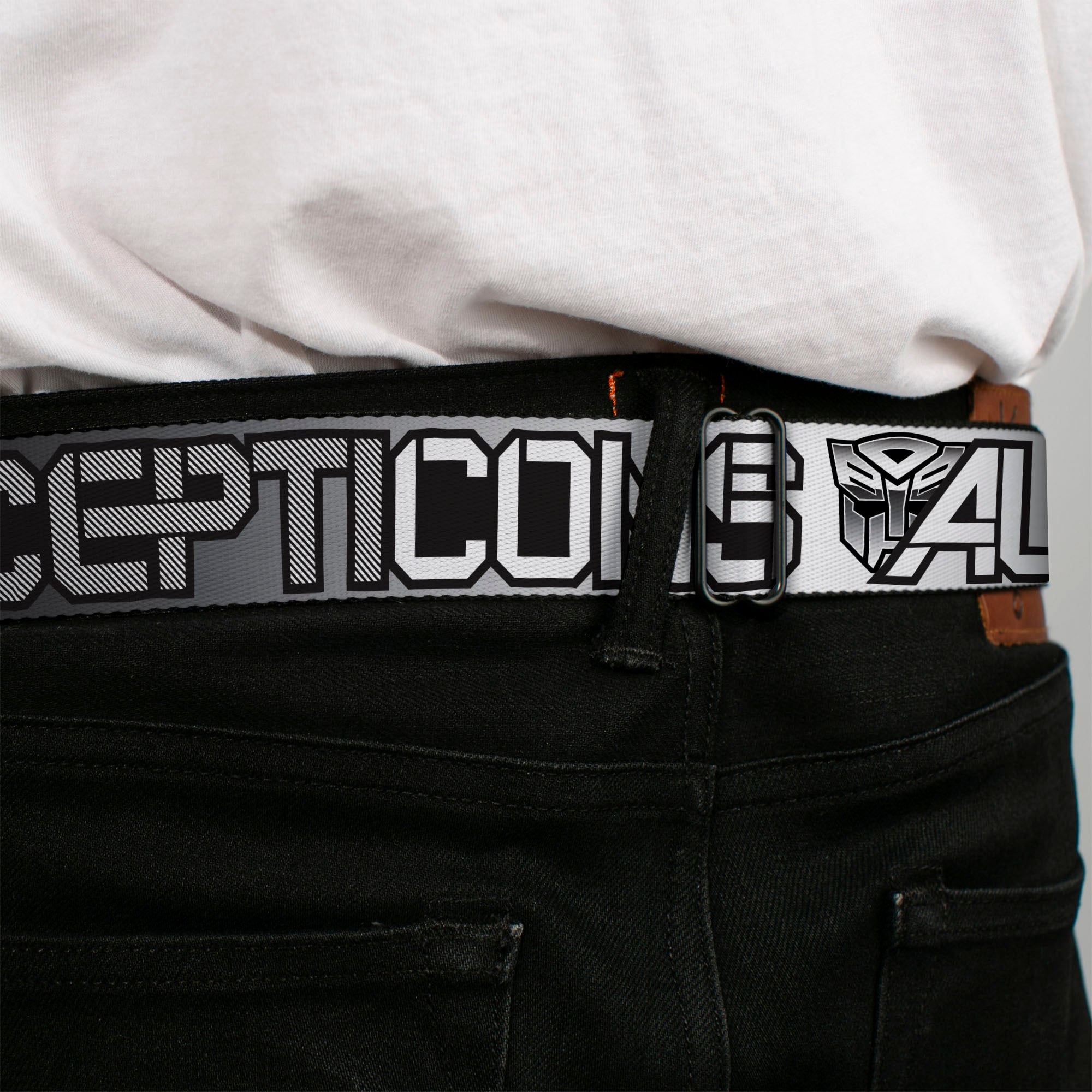 TRANSFORMERS Title Logo Full Color Black/White Seatbelt Belt - Transformers AUTOBOTS DECEPTICONS Shield and Text Grays/Black/White Webbing Seatbelt Belts Hasbro