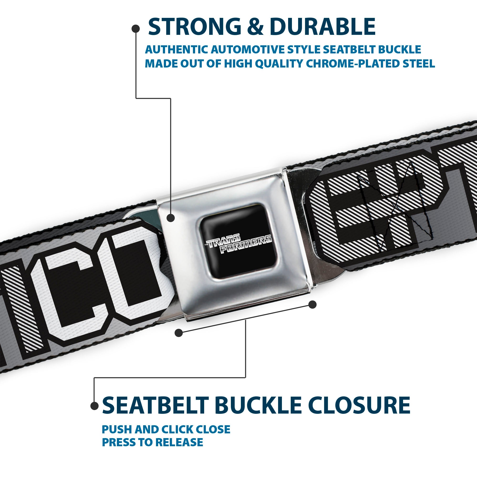 TRANSFORMERS Title Logo Full Color Black/White Seatbelt Belt - Transformers AUTOBOTS DECEPTICONS Shield and Text Grays/Black/White Webbing Seatbelt Belts Hasbro