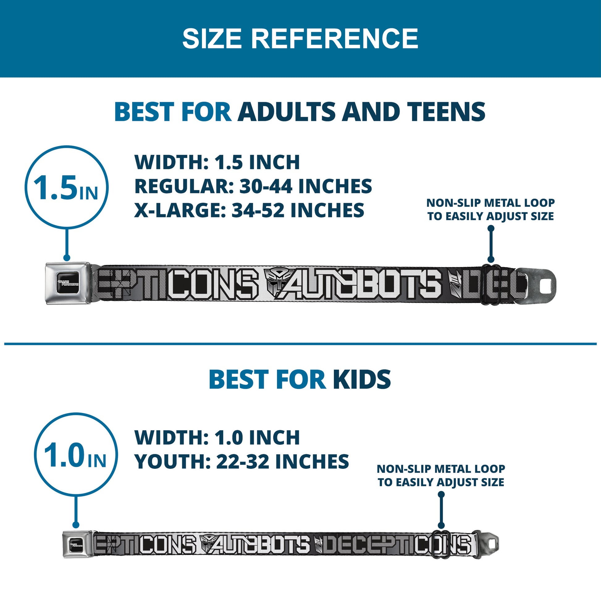 TRANSFORMERS Title Logo Full Color Black/White Seatbelt Belt - Transformers AUTOBOTS DECEPTICONS Shield and Text Grays/Black/White Webbing Seatbelt Belts Hasbro