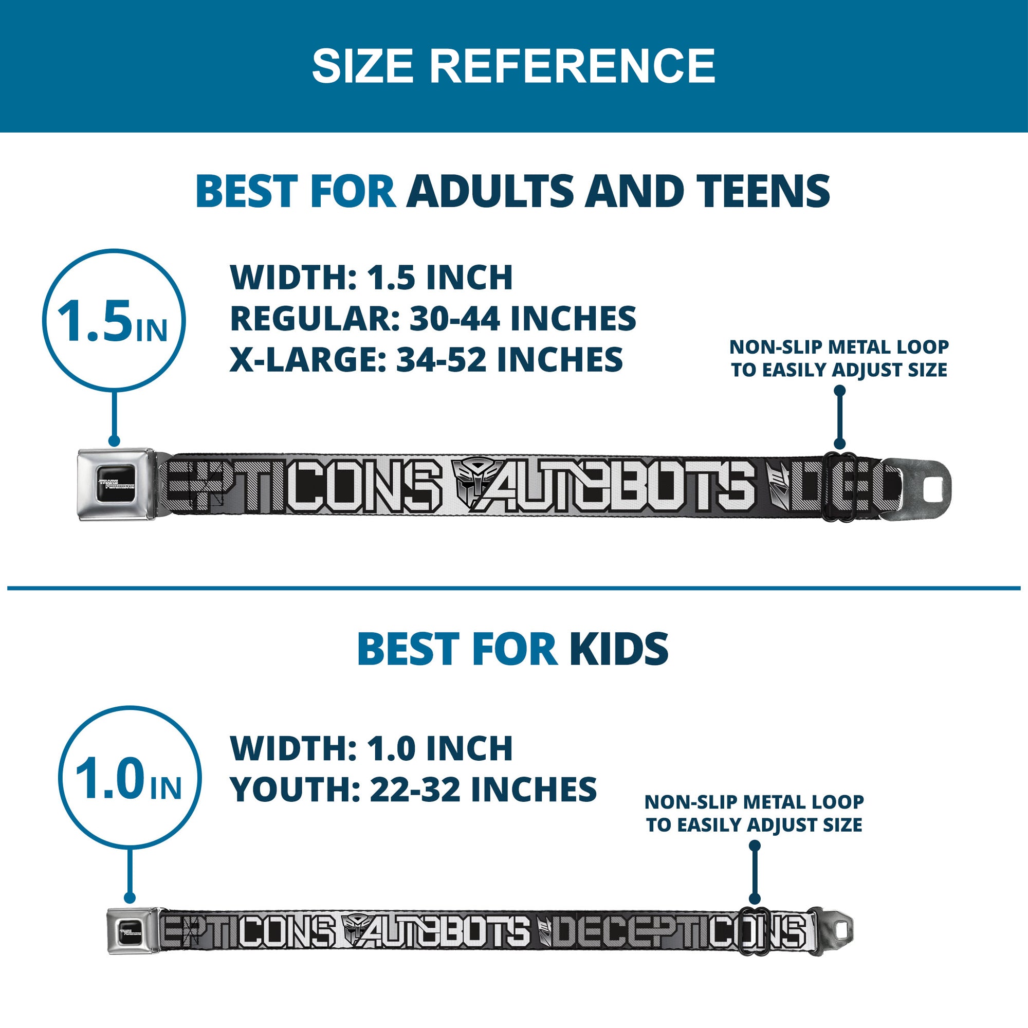 TRANSFORMERS Title Logo Full Color Black/White Seatbelt Belt - Transformers AUTOBOTS DECEPTICONS Shield and Text Grays/Black/White Webbing Seatbelt Belts Hasbro