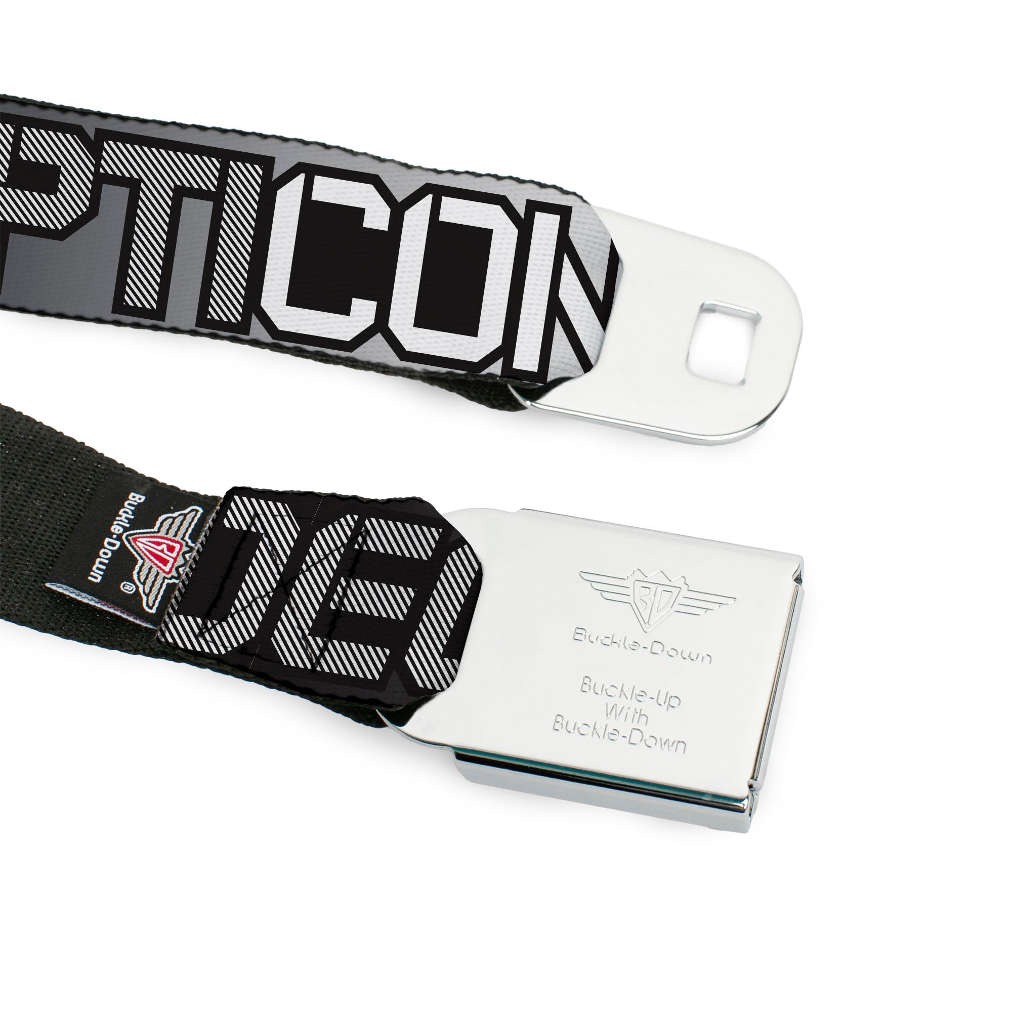 TRANSFORMERS Title Logo Full Color Black/White Seatbelt Belt - Transformers AUTOBOTS DECEPTICONS Shield and Text Grays/Black/White Webbing Seatbelt Belts Hasbro