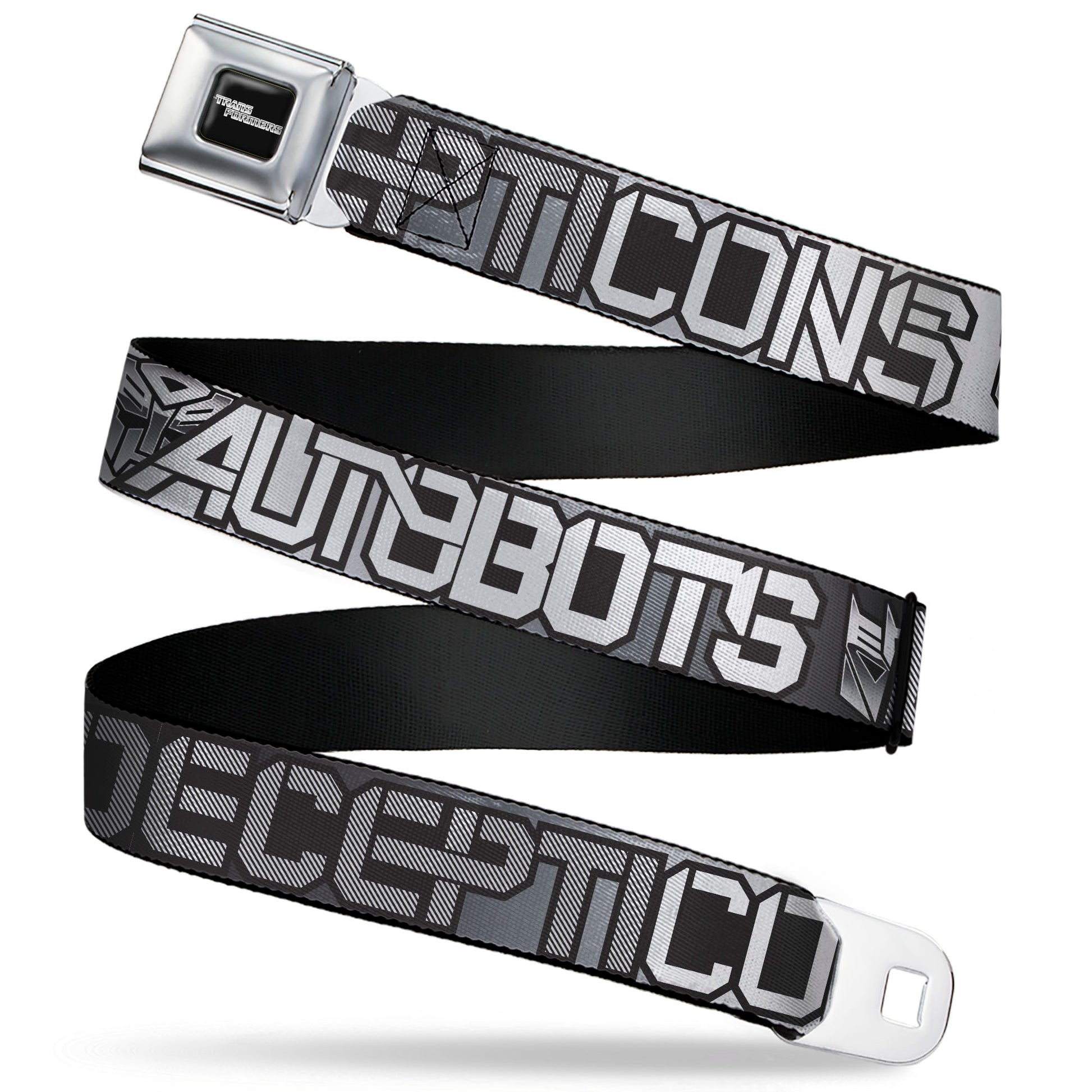 TRANSFORMERS Title Logo Full Color Black/White Seatbelt Belt - Transformers AUTOBOTS DECEPTICONS Shield and Text Grays/Black/White Webbing Seatbelt Belts Hasbro