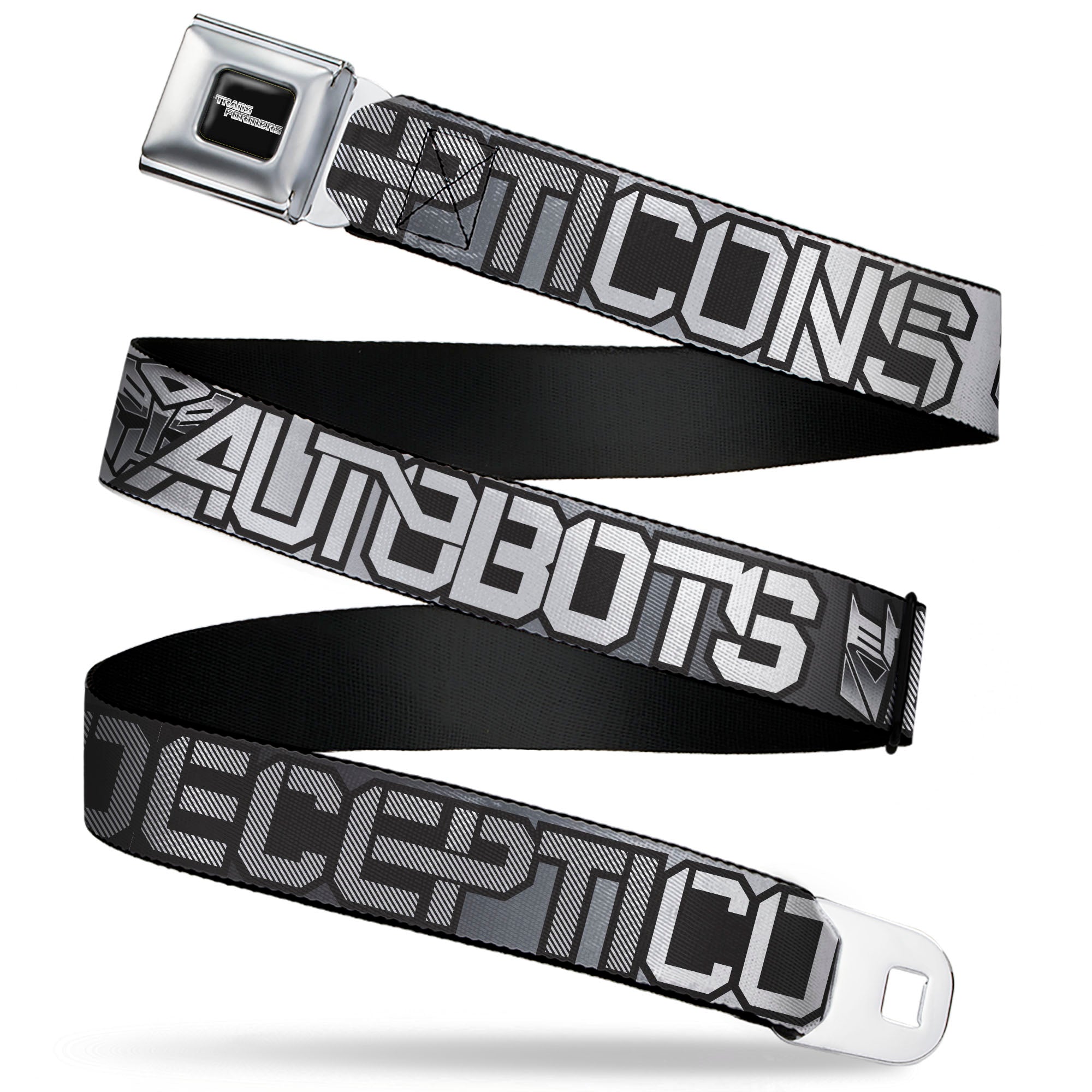 TRANSFORMERS Title Logo Full Color Black/White Seatbelt Belt - Transformers AUTOBOTS DECEPTICONS Shield and Text Grays/Black/White Webbing Seatbelt Belts Hasbro