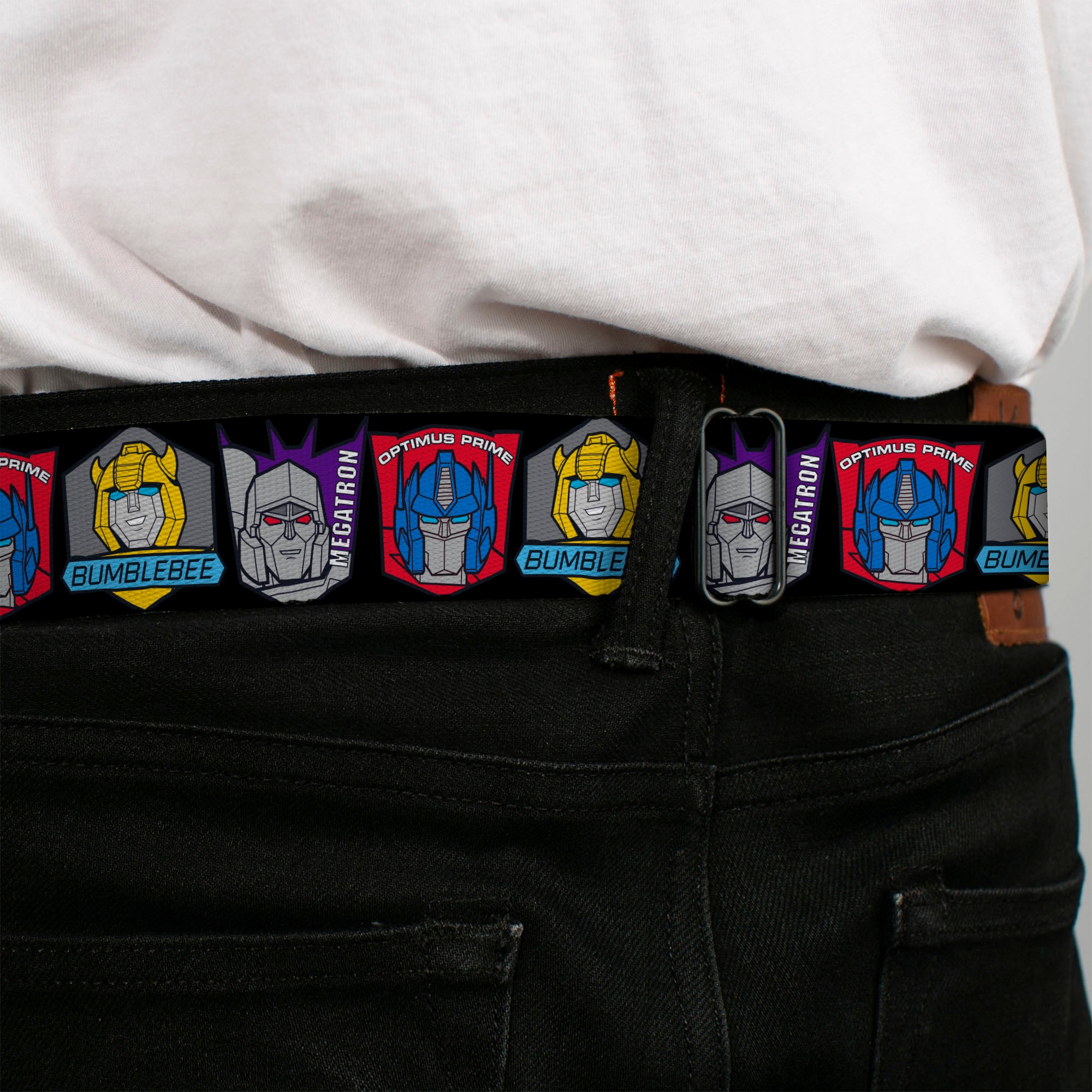TRANSFORMERS Title Logo Full Color Black/Grays Seatbelt Belt - Transformers Character Trio Face and Name Icons Black/Multi Color Webbing Seatbelt Belts Transformers