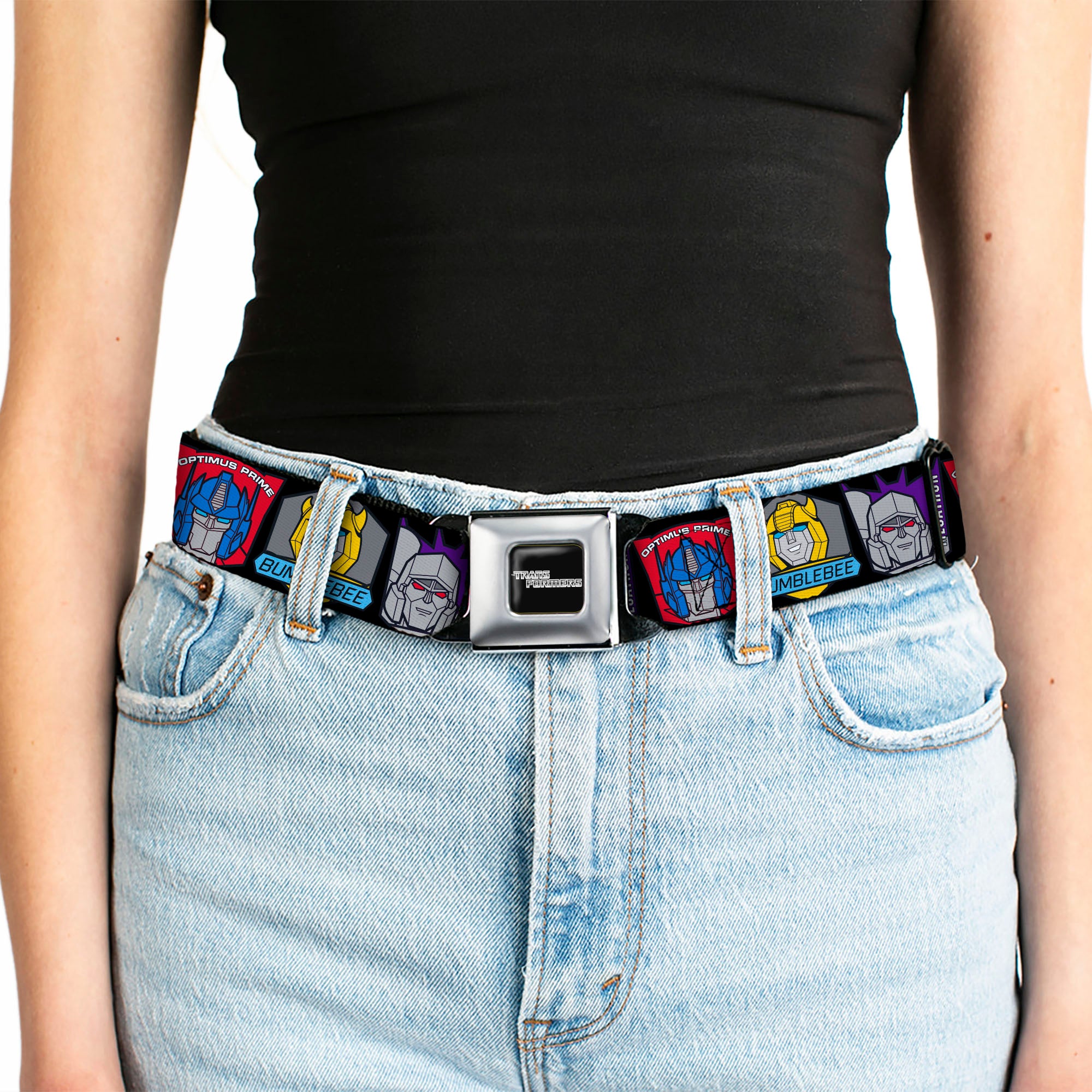 TRANSFORMERS Title Logo Full Color Black/Grays Seatbelt Belt - Transformers Character Trio Face and Name Icons Black/Multi Color Webbing Seatbelt Belts Transformers