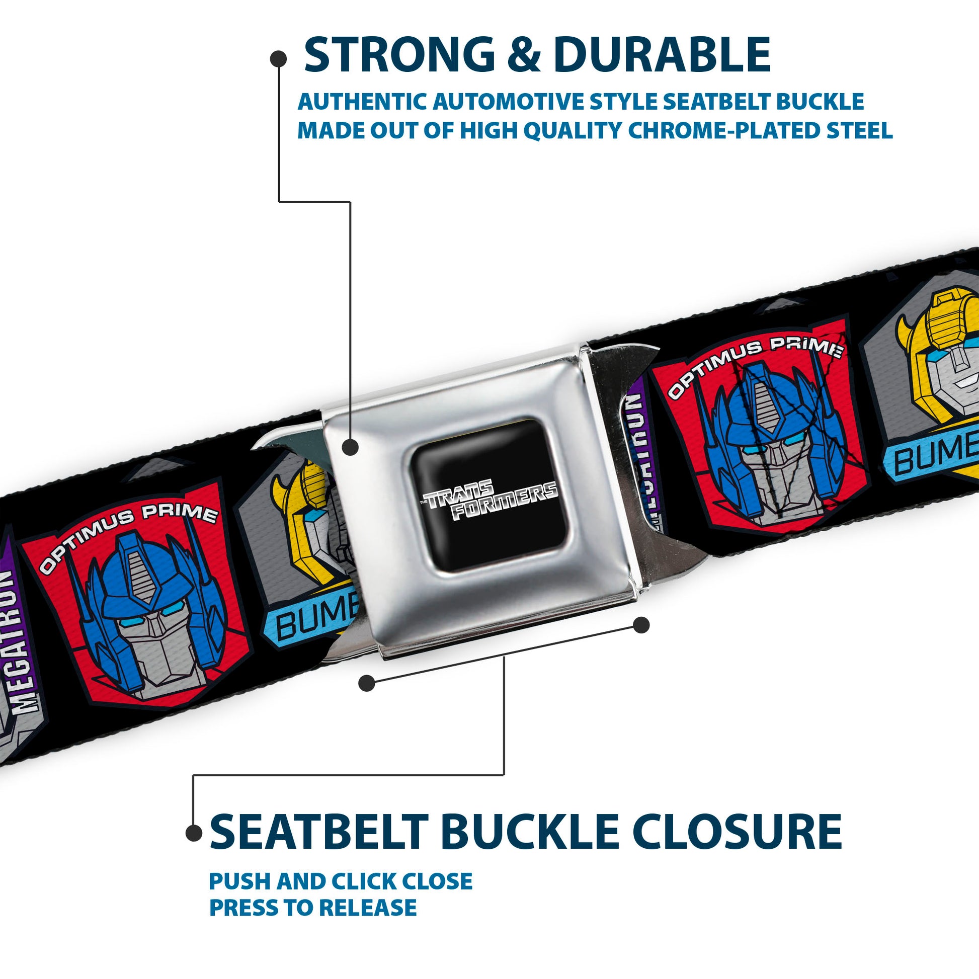 TRANSFORMERS Title Logo Full Color Black/Grays Seatbelt Belt - Transformers Character Trio Face and Name Icons Black/Multi Color Webbing Seatbelt Belts Transformers