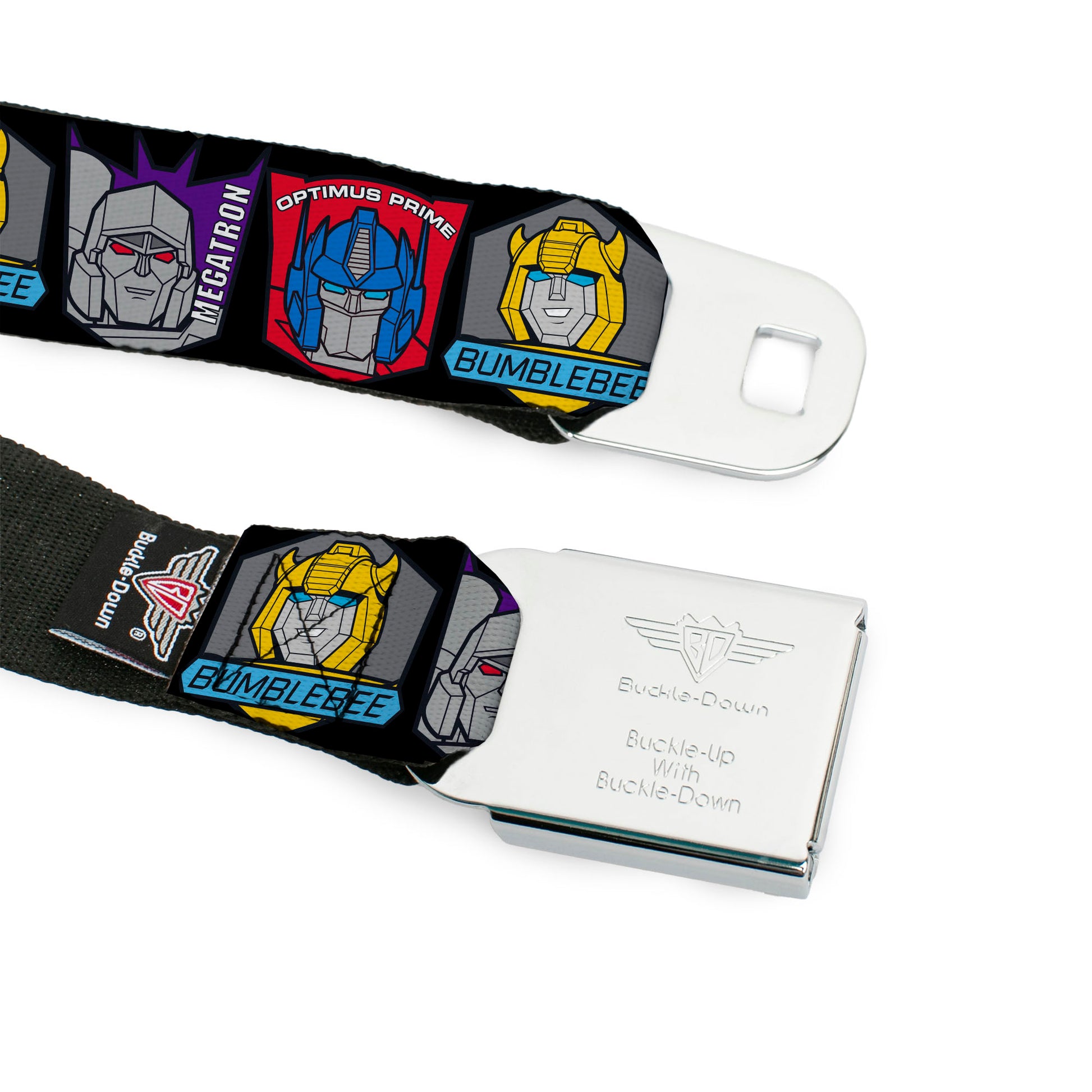TRANSFORMERS Title Logo Full Color Black/Grays Seatbelt Belt - Transformers Character Trio Face and Name Icons Black/Multi Color Webbing Seatbelt Belts Transformers