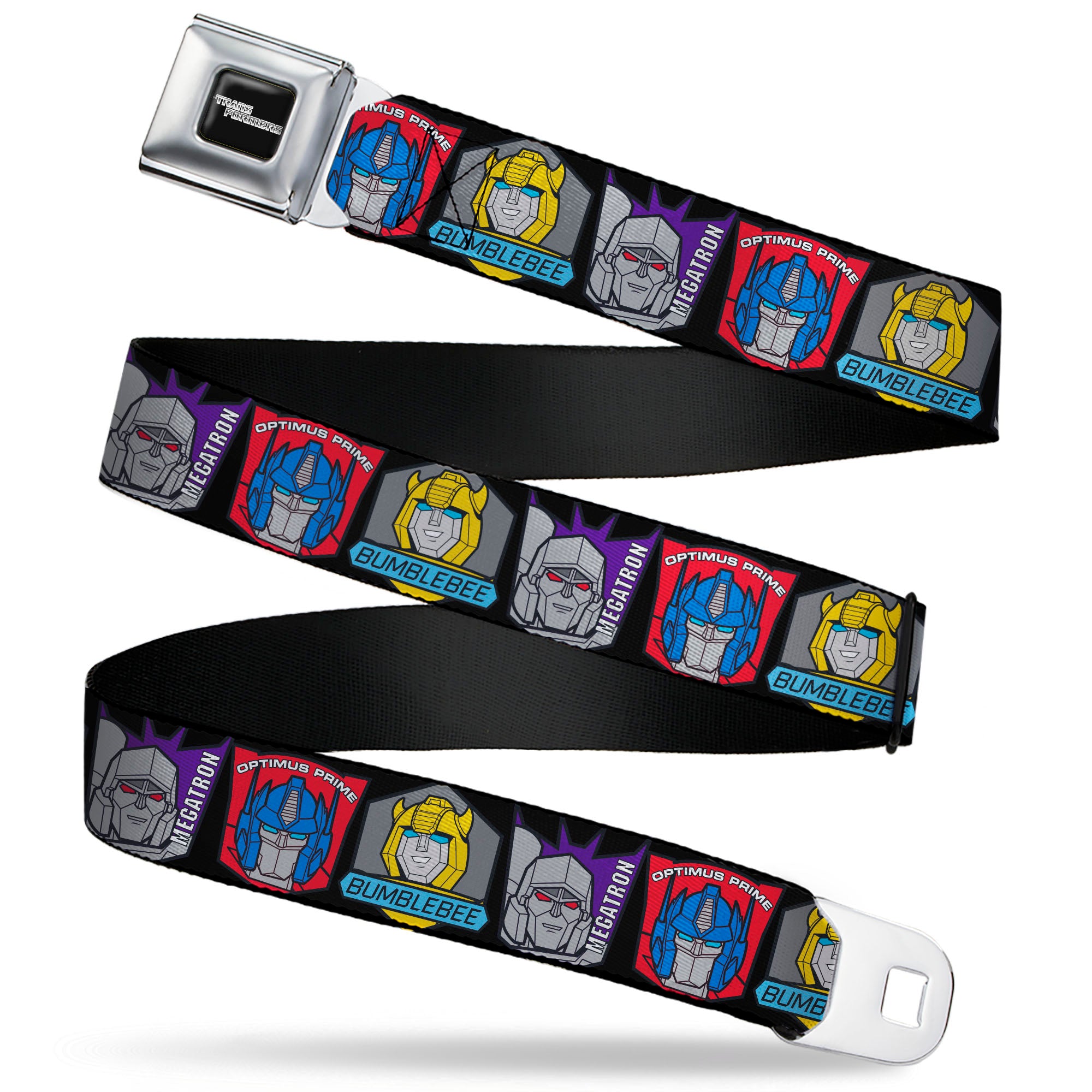 TRANSFORMERS Title Logo Full Color Black/Grays Seatbelt Belt - Transformers Character Trio Face and Name Icons Black/Multi Color Webbing Seatbelt Belts Transformers