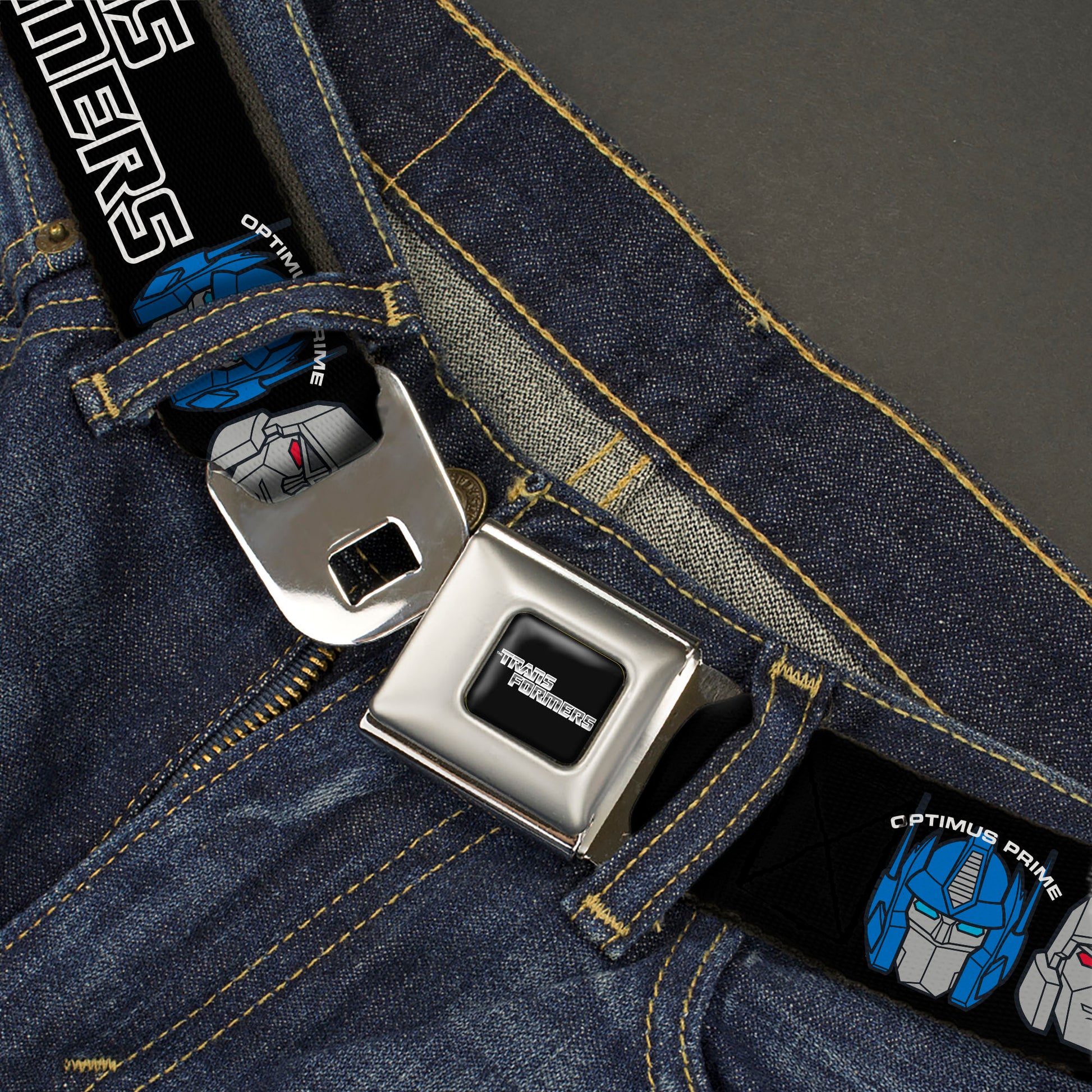 TRANSFORMERS Title Logo Full Color Black/Grays Seatbelt Belt - TRANSFORMERS MORE THAN MEETS THE EYE Character Trio Black/White Webbing Seatbelt Belts Transformers