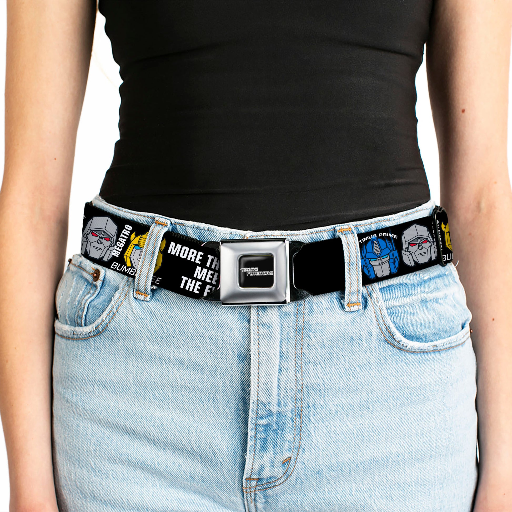 TRANSFORMERS Title Logo Full Color Black/Grays Seatbelt Belt - TRANSFORMERS MORE THAN MEETS THE EYE Character Trio Black/White Webbing Seatbelt Belts Transformers