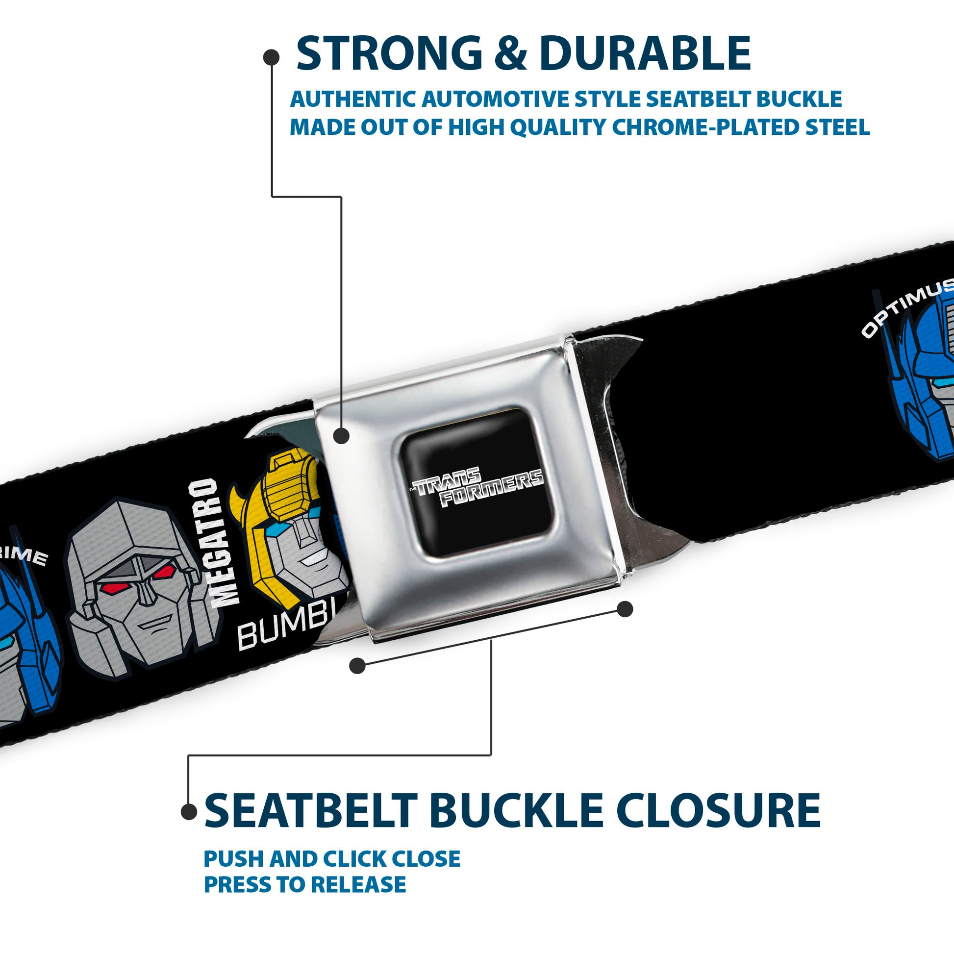 TRANSFORMERS Title Logo Full Color Black/Grays Seatbelt Belt - TRANSFORMERS MORE THAN MEETS THE EYE Character Trio Black/White Webbing Seatbelt Belts Transformers