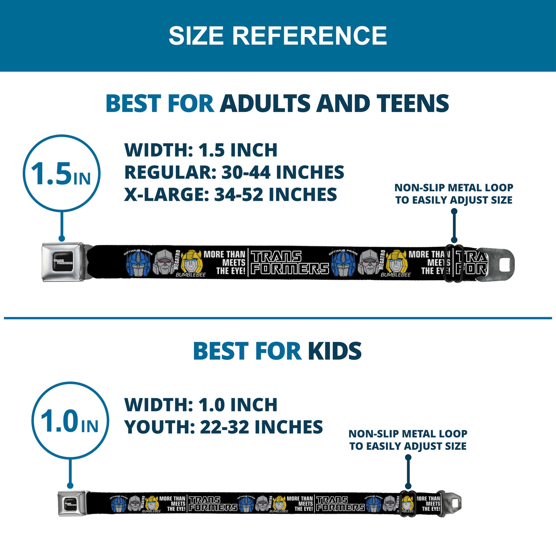 TRANSFORMERS Title Logo Full Color Black/Grays Seatbelt Belt - TRANSFORMERS MORE THAN MEETS THE EYE Character Trio Black/White Webbing Seatbelt Belts Transformers