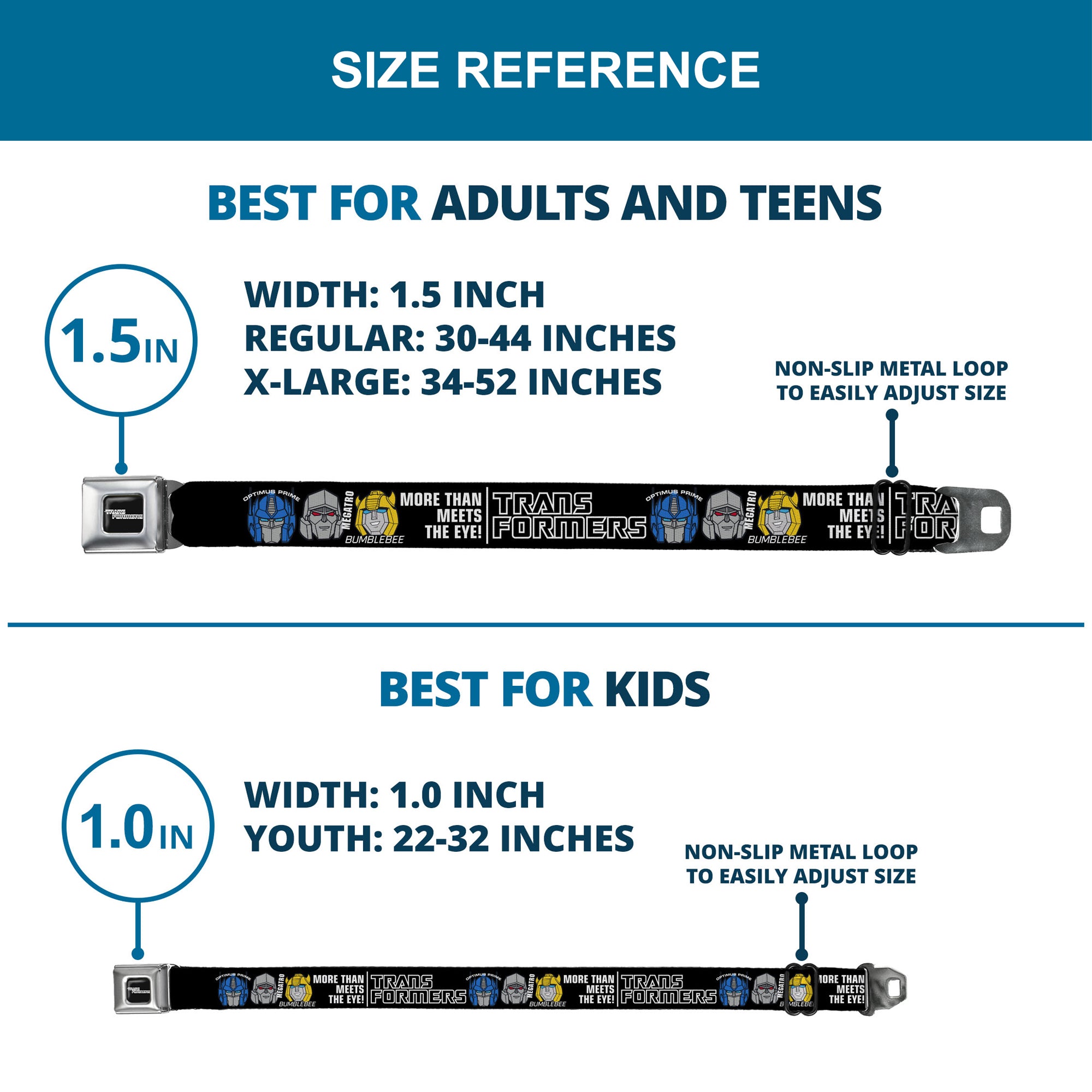 TRANSFORMERS Title Logo Full Color Black/Grays Seatbelt Belt - TRANSFORMERS MORE THAN MEETS THE EYE Character Trio Black/White Webbing Seatbelt Belts Transformers