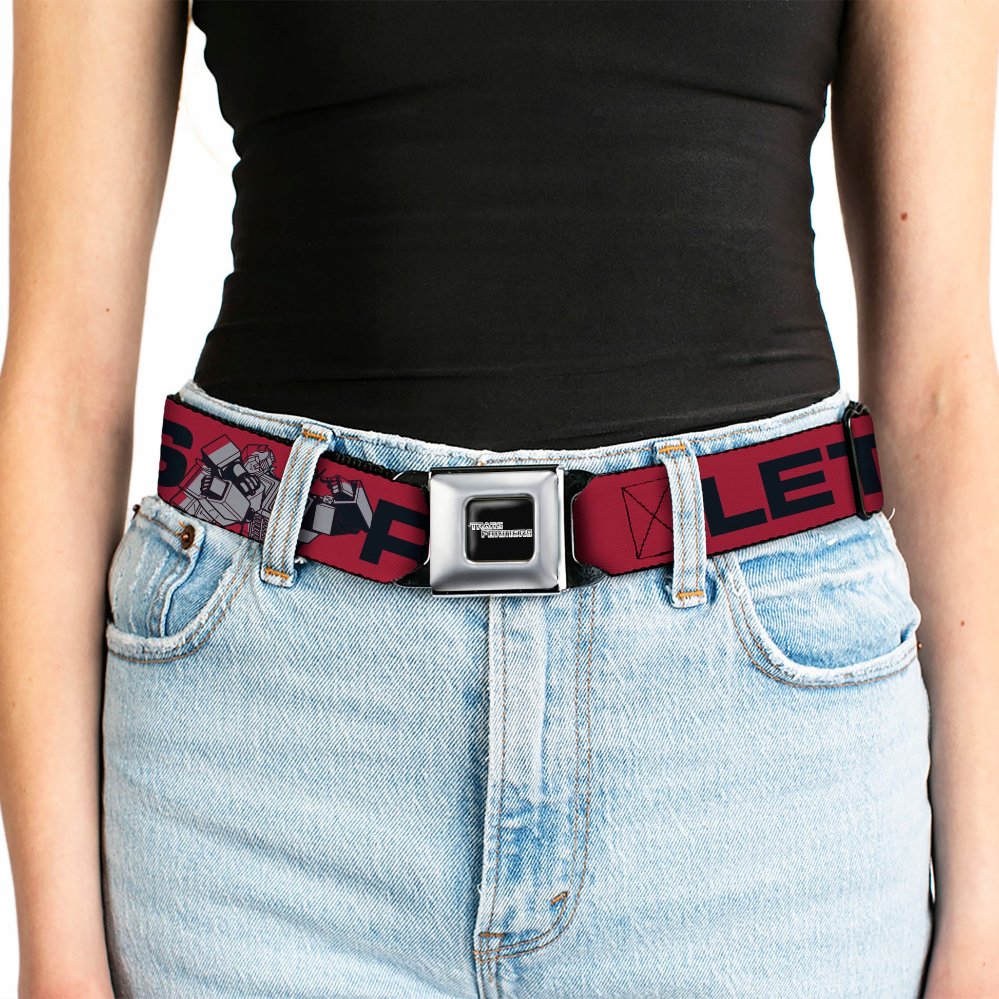 TRANSFORMERS Title Logo Full Color Black/Grays Seatbelt Belt - TRANSFORMERS Optimus Prime and Bumblebee LET'S ROLL Pose Red/Black Webbing Seatbelt Belts Transformers