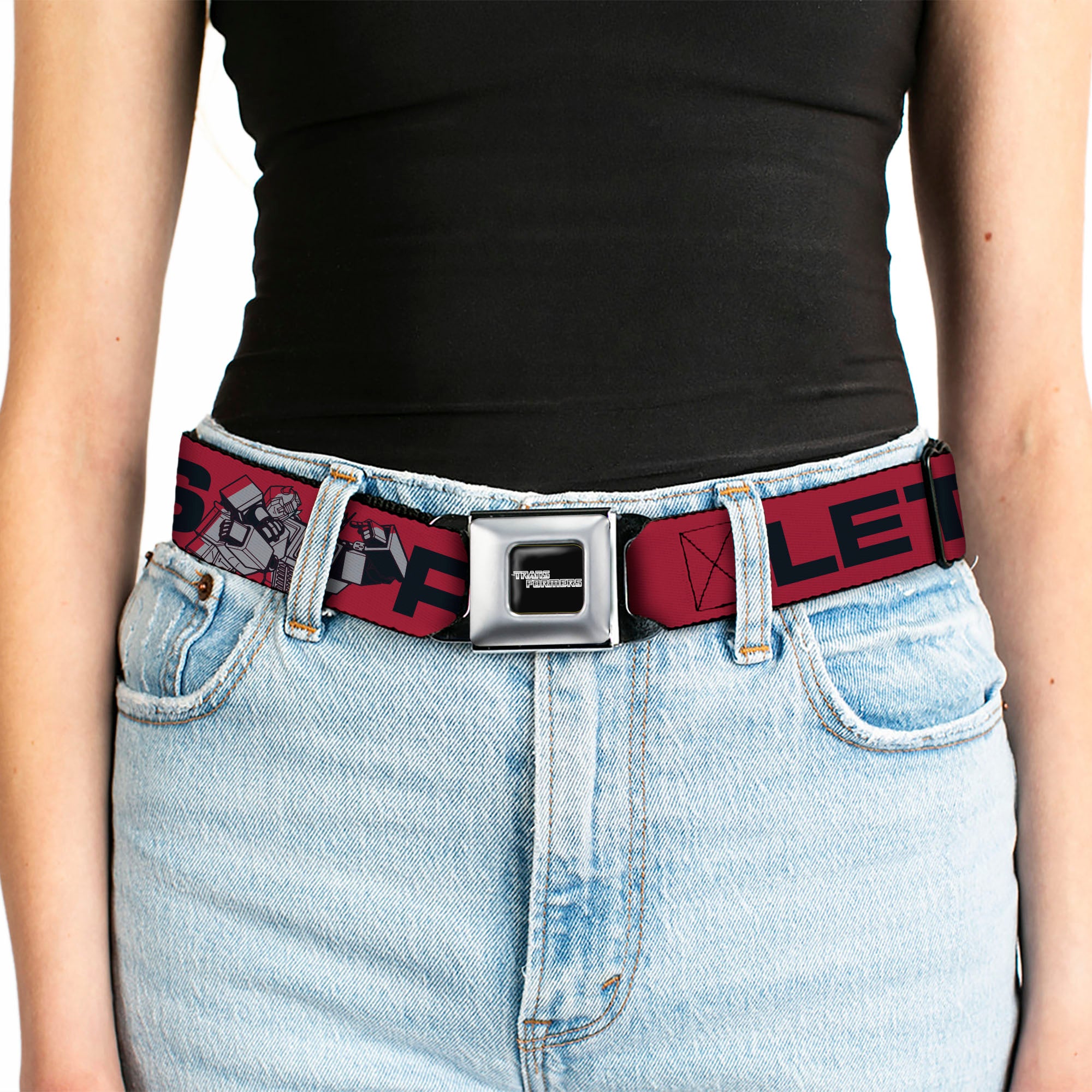 TRANSFORMERS Title Logo Full Color Black/Grays Seatbelt Belt - TRANSFORMERS Optimus Prime and Bumblebee LET'S ROLL Pose Red/Black Webbing Seatbelt Belts Transformers
